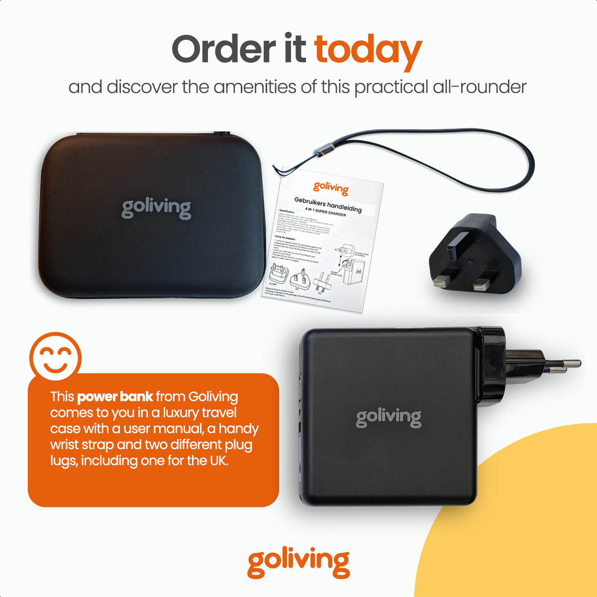 A black power bank with a user manual, wrist strap, and different plug lugs.