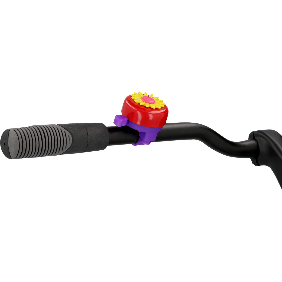 Rote Fahrradklingel mit gelb-rosa Blumenmuster an schwarzem Lenker befestigt.