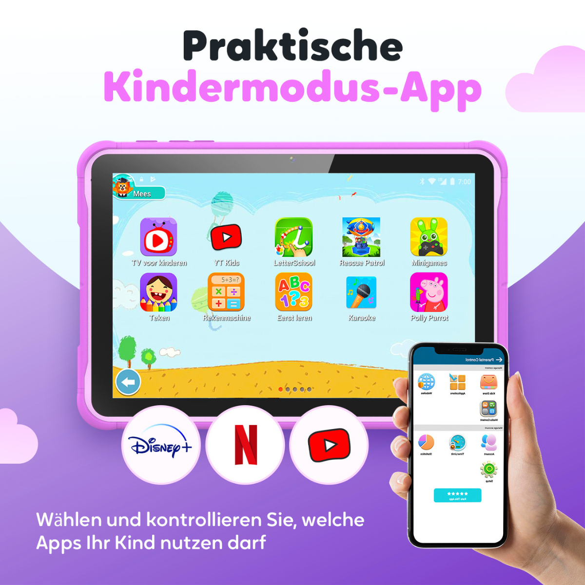 Tablet met kindvriendelijke app-iconen. Een telefoon met app-iconen in een hand. Paarse achtergrond.