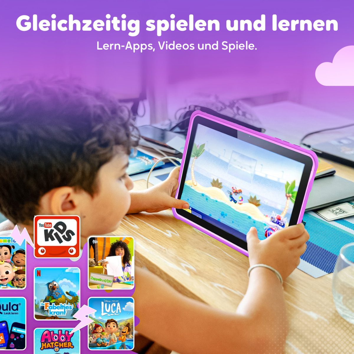 Kind gebruikt tablet met educatieve apps, omringd door app-iconen en een wolk.