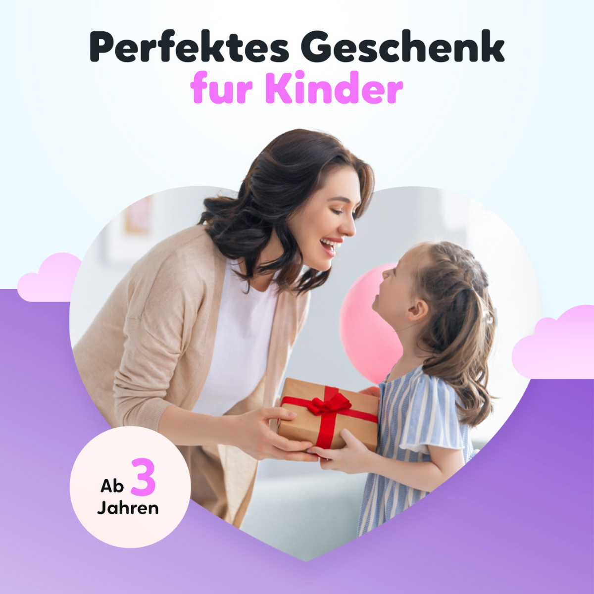 Een vrouw geeft een cadeau aan een meisje. De tekst zegt 'Perfect cadeau voor kinderen', vanaf 3 jaar.