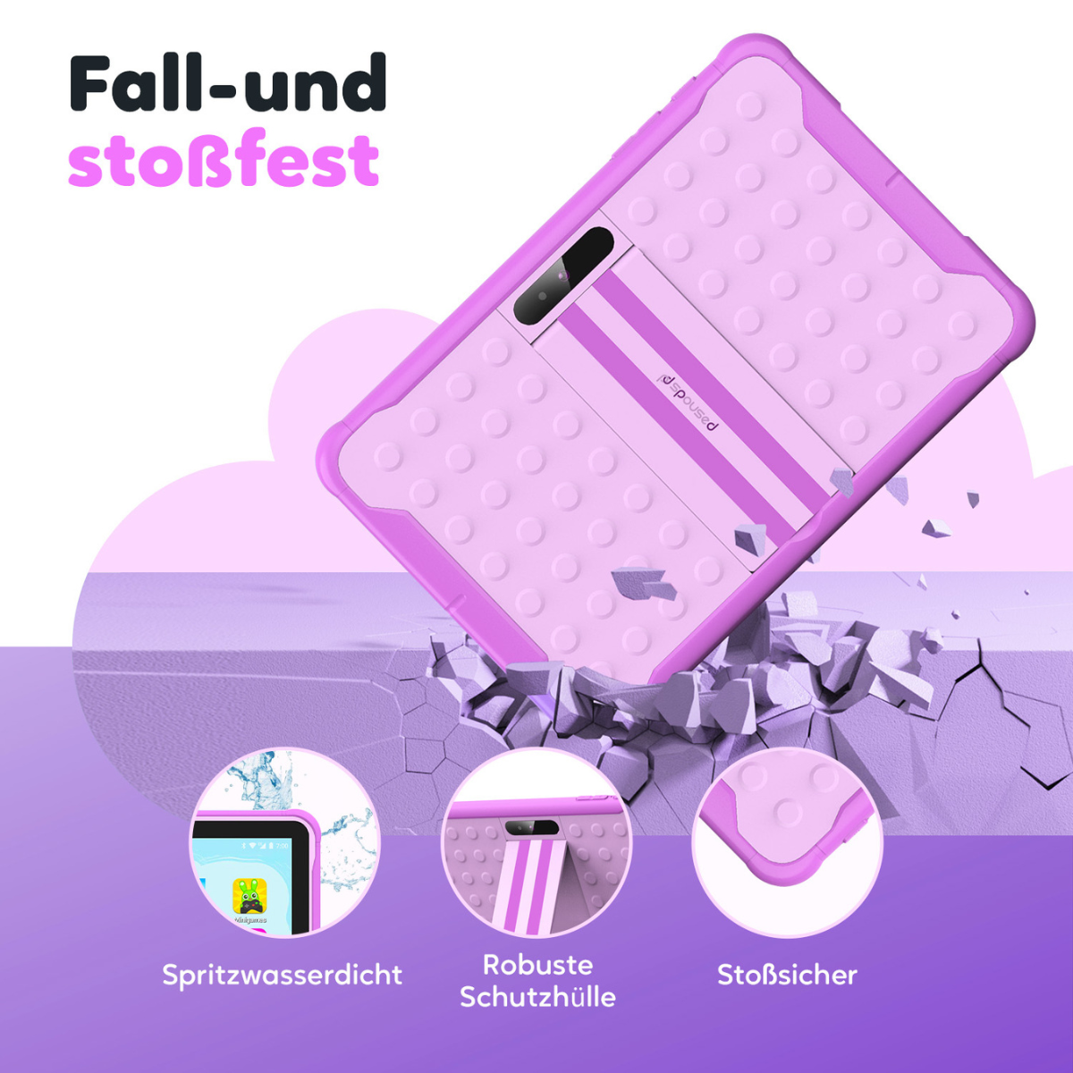 Roze tablethoes met standaard en beschermende eigenschappen. Tekst: 'Val- en schokbestendig'.