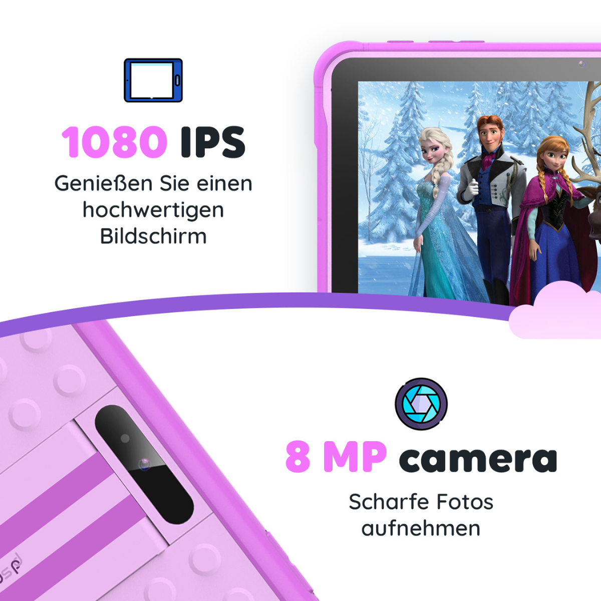 Paarse tablet met roze hoes, met een cartoonscène, camera en tekstlabels.