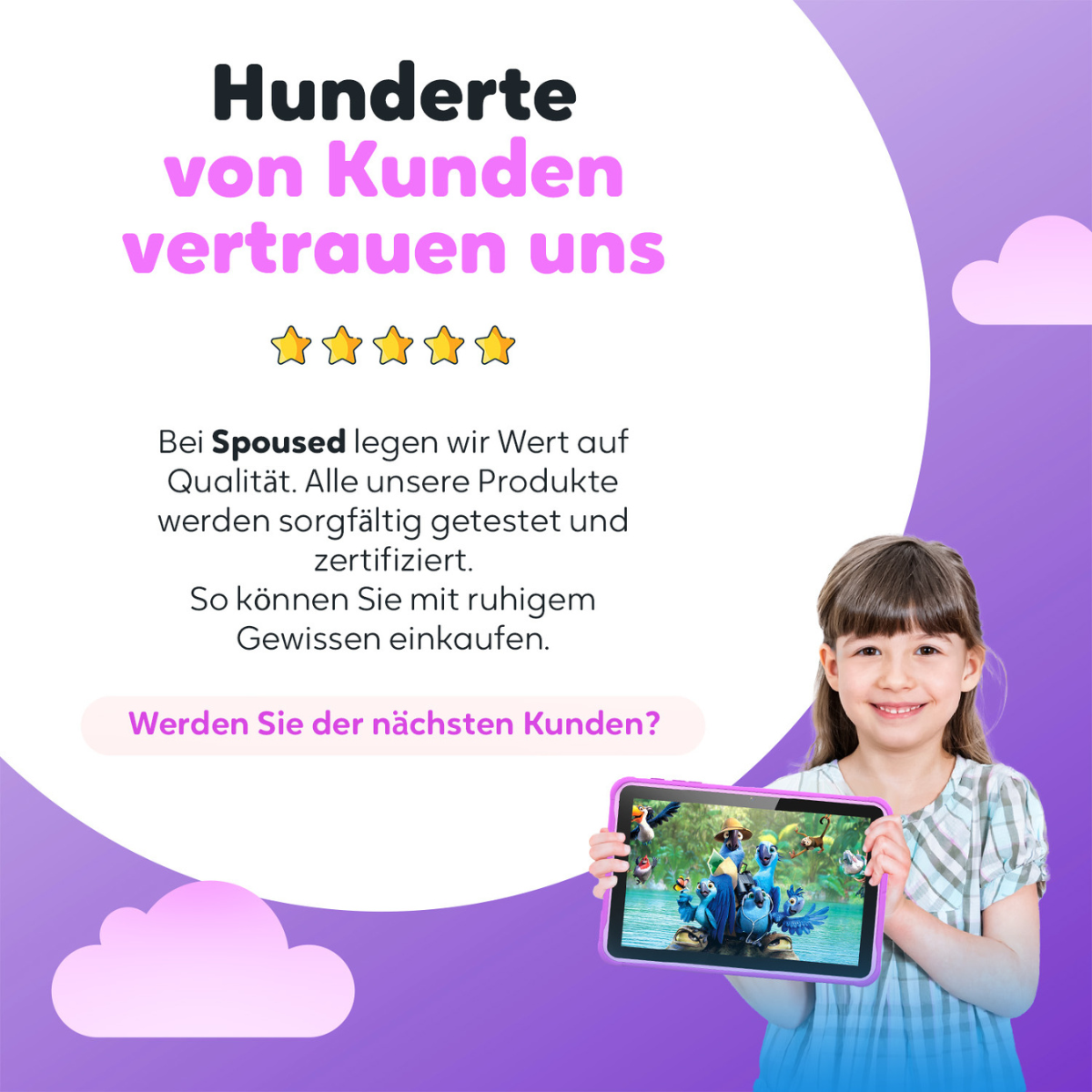 Een lachend meisje houdt een tablet vast. Tekst: Honderden klanten vertrouwen ons.