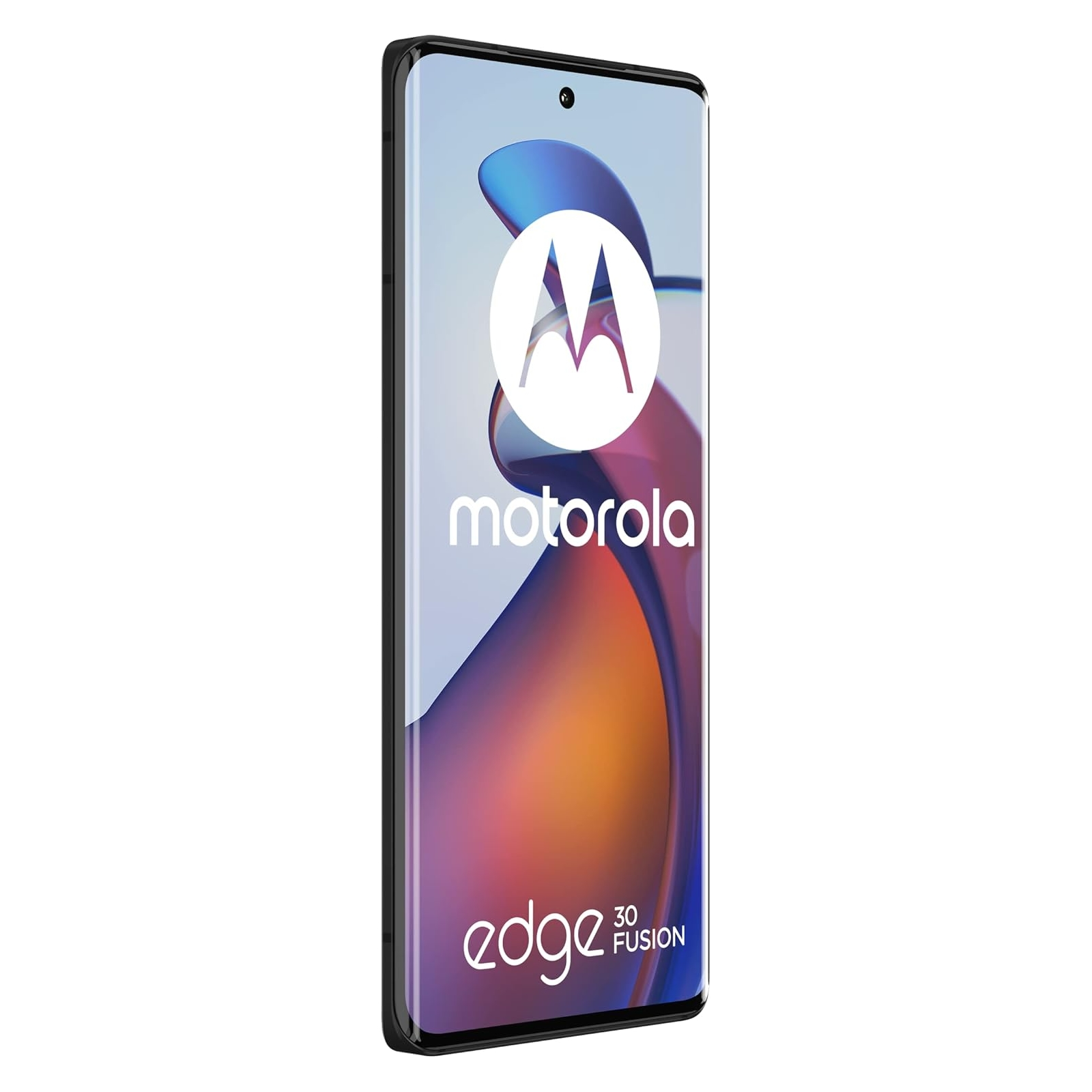 Telefon Motorola Edge 30 Fusion. Ma zakrzywiony ekran, logo Motorola i gradientowe tło.