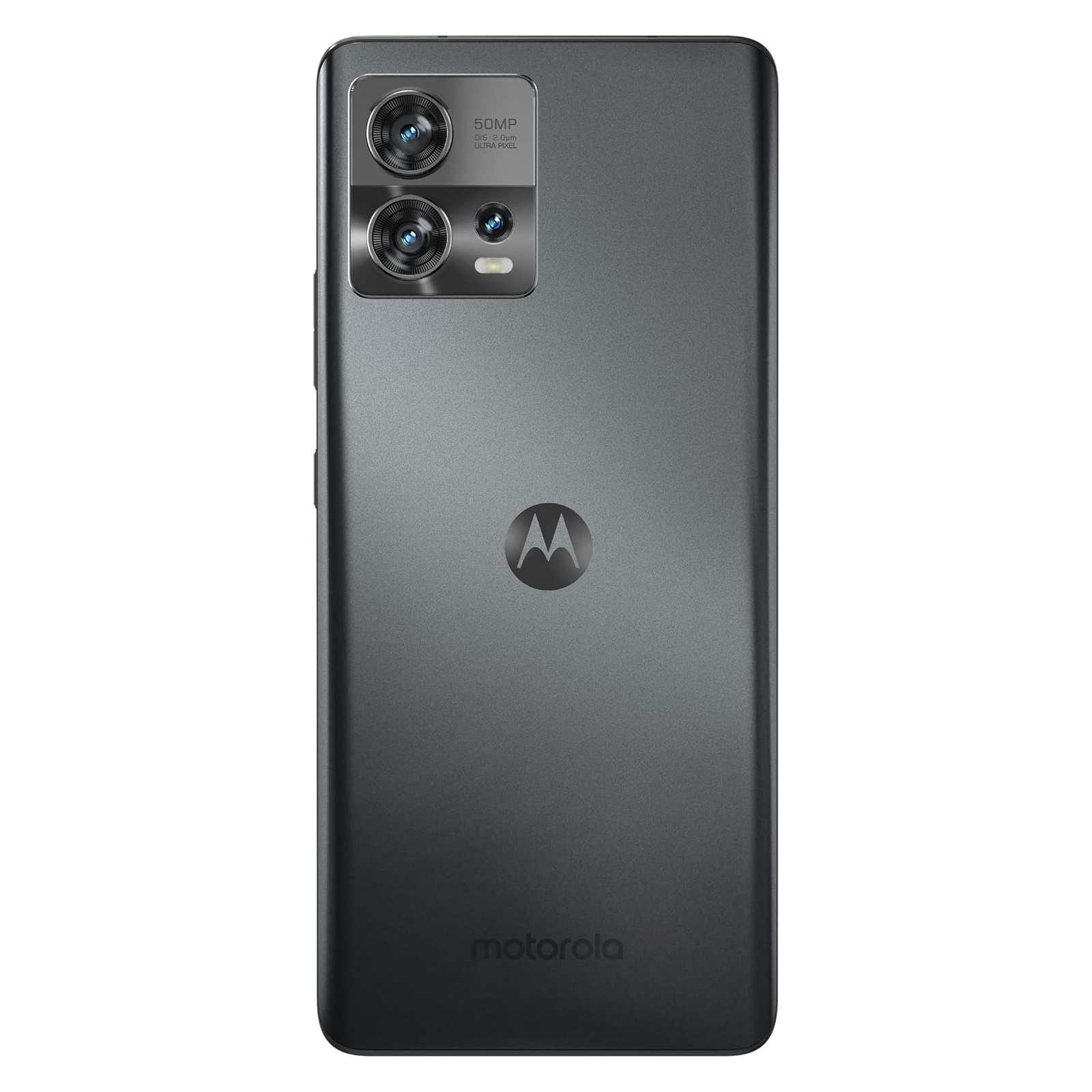 Szary telefon Motorola z dwoma tylnymi aparatami i logo Motorola. Czarny aparat.