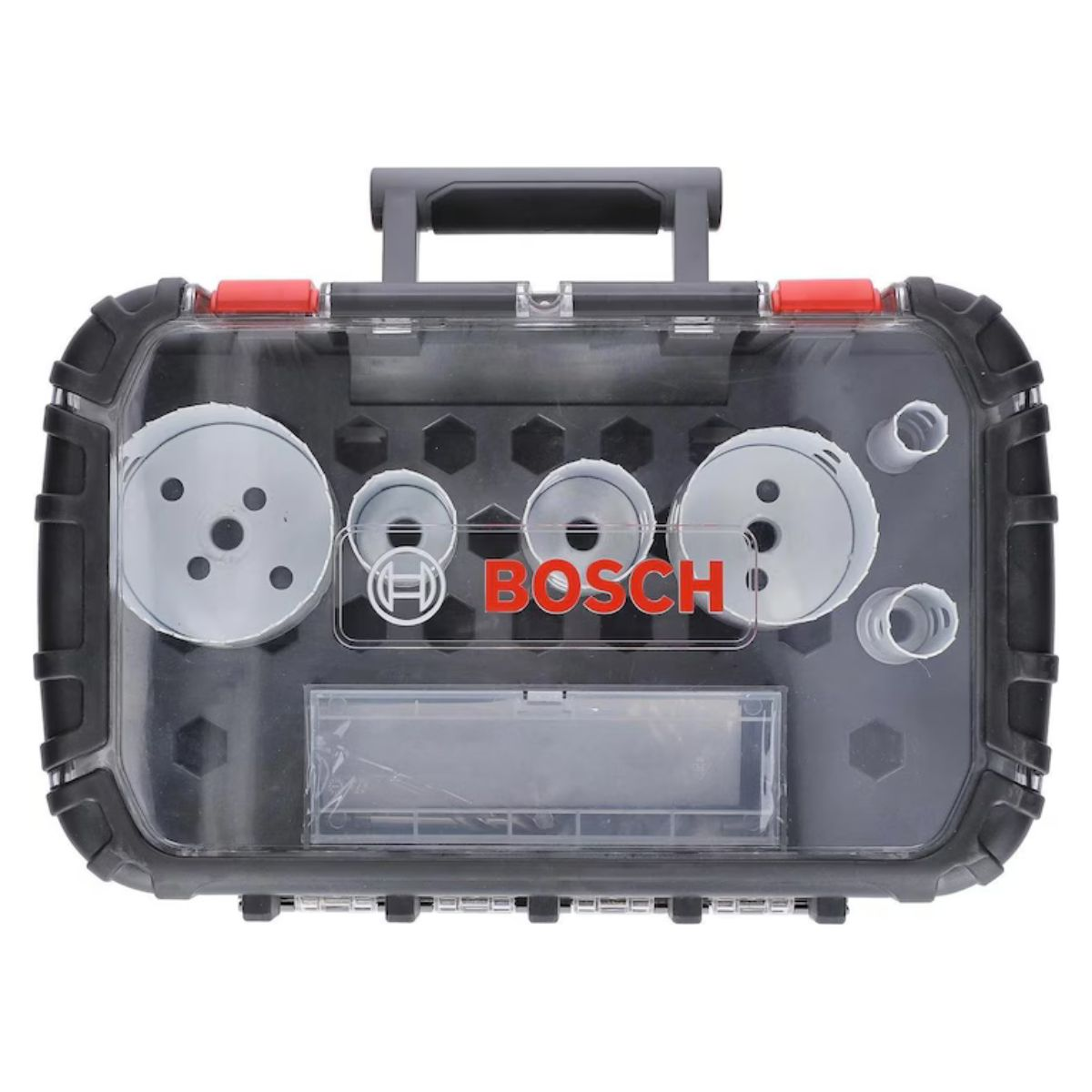 Czarna skrzynka narzędziowa z wiertłami i otwornicami. Widoczne logo Bosch.