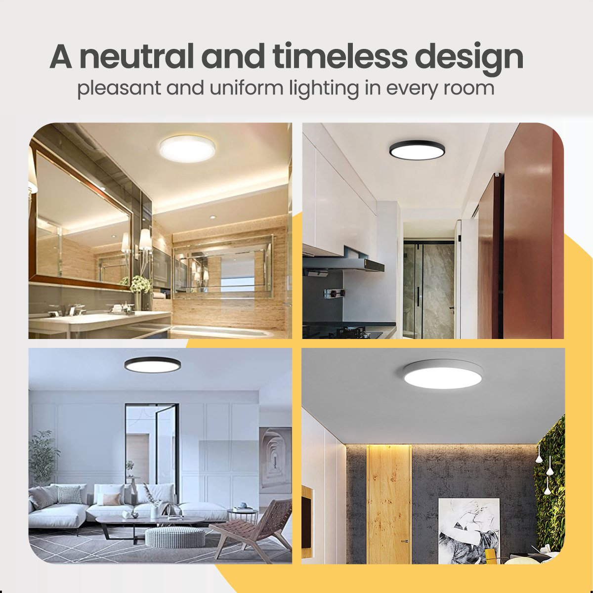 Four interior images with ceiling lights. Rooms include a bathroom, kitchen, living room, and another living space.