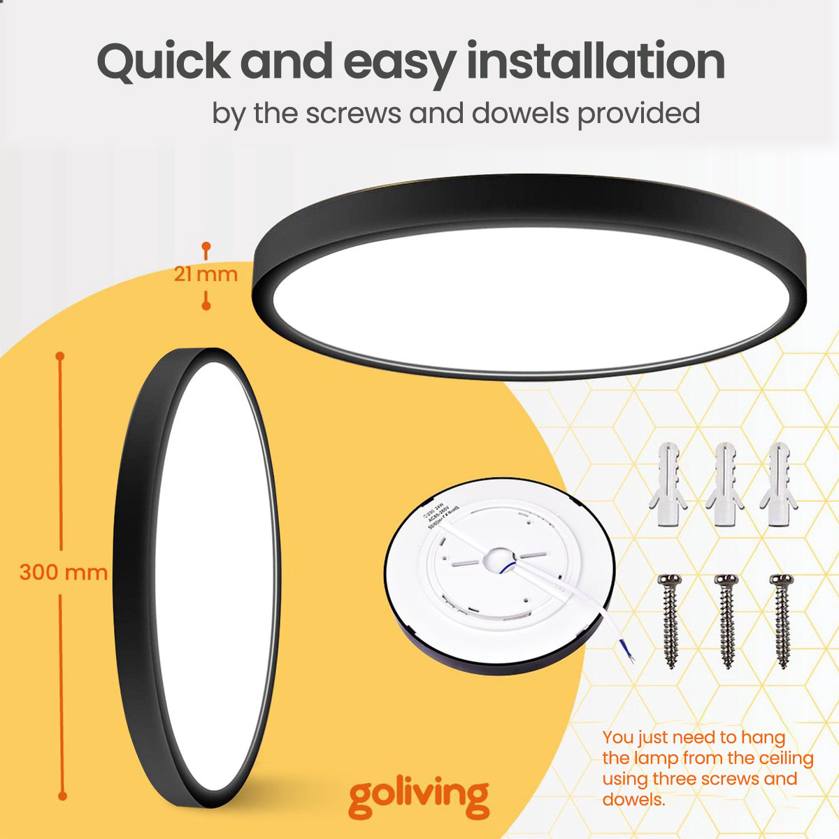 Black, round ceiling light. Includes dimensions (300mm, 21mm), screws, and dowels for installation.
