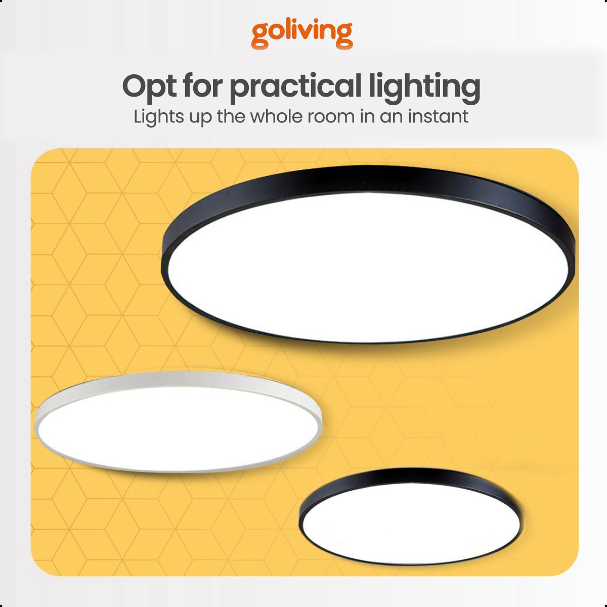 Three white and black LED ceiling lights. Yellow honeycomb background. Product promotion text.