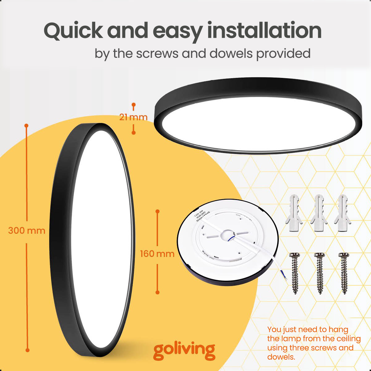 Black ceiling lamp with dimensions shown. Includes screws and dowels for installation, text reads: goliving