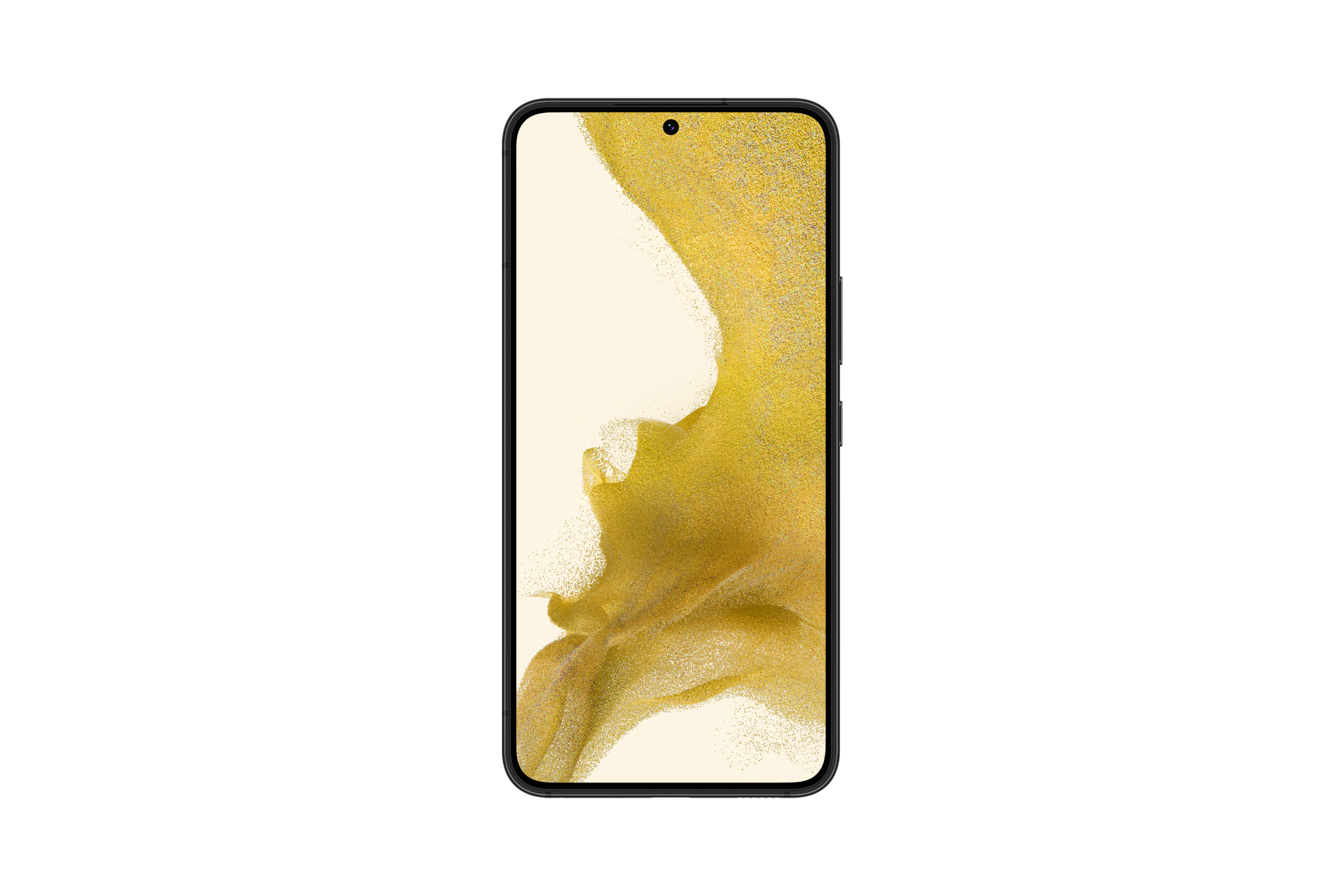Schwarzes Smartphone mit Bildschirm, der ein gelbes und goldenes abstraktes Design zeigt, auf weißem Hintergrund.
