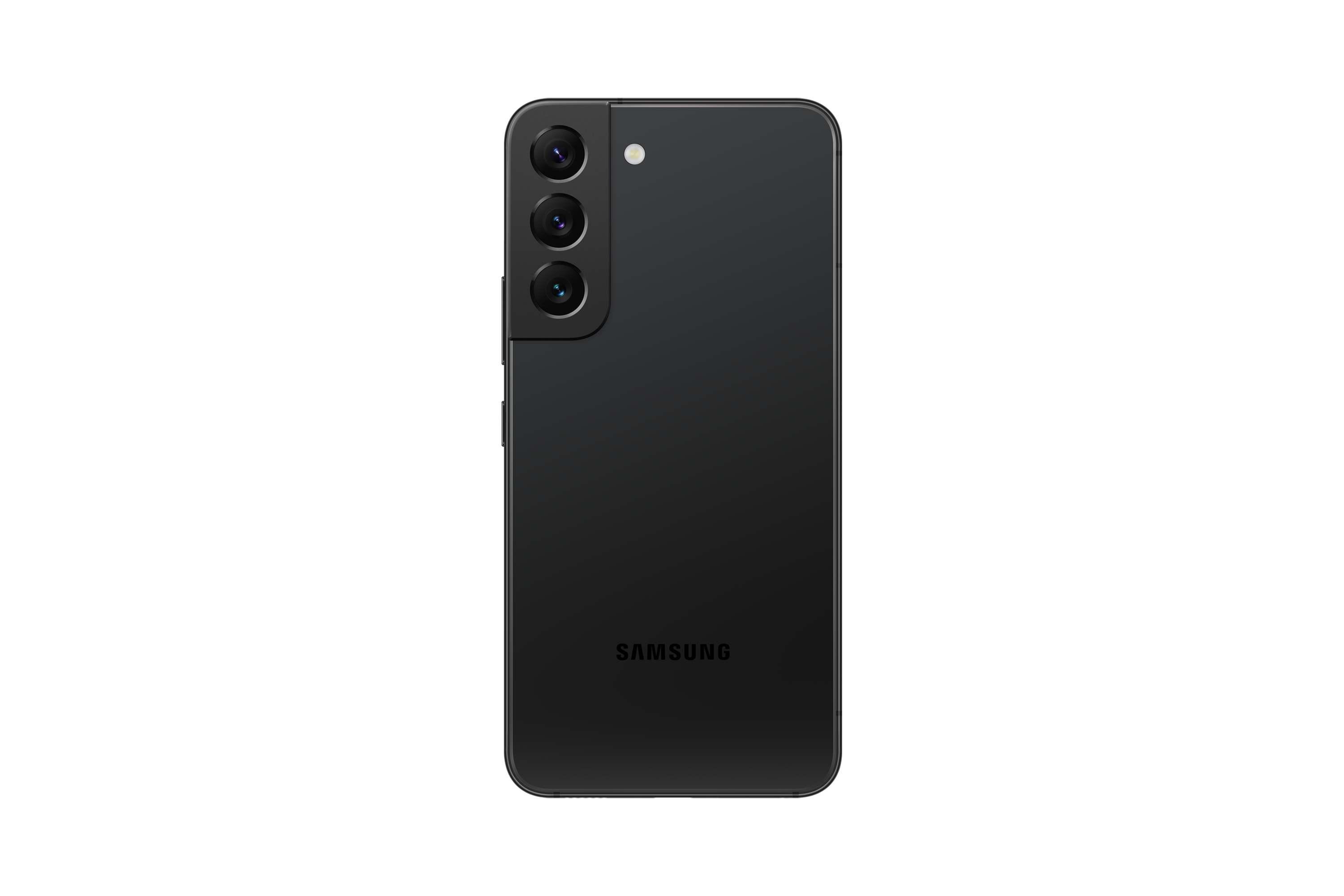 Schwarzes Samsung-Telefon mit drei Rückkameras. Das Samsung-Logo ist unten am Telefon sichtbar.