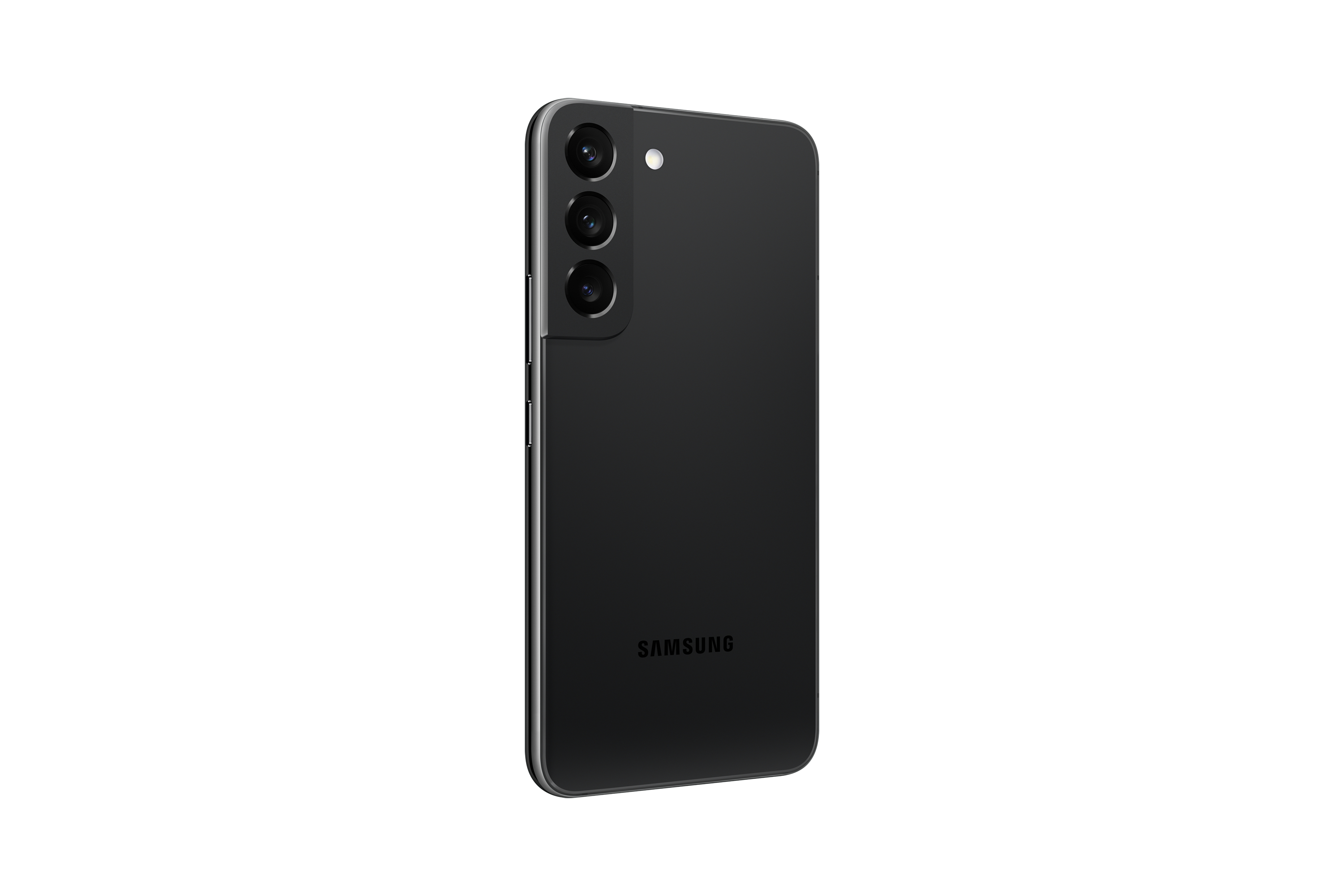 Schwarzes Smartphone mit drei Kameras und Samsung-Logo auf weißem Hintergrund.