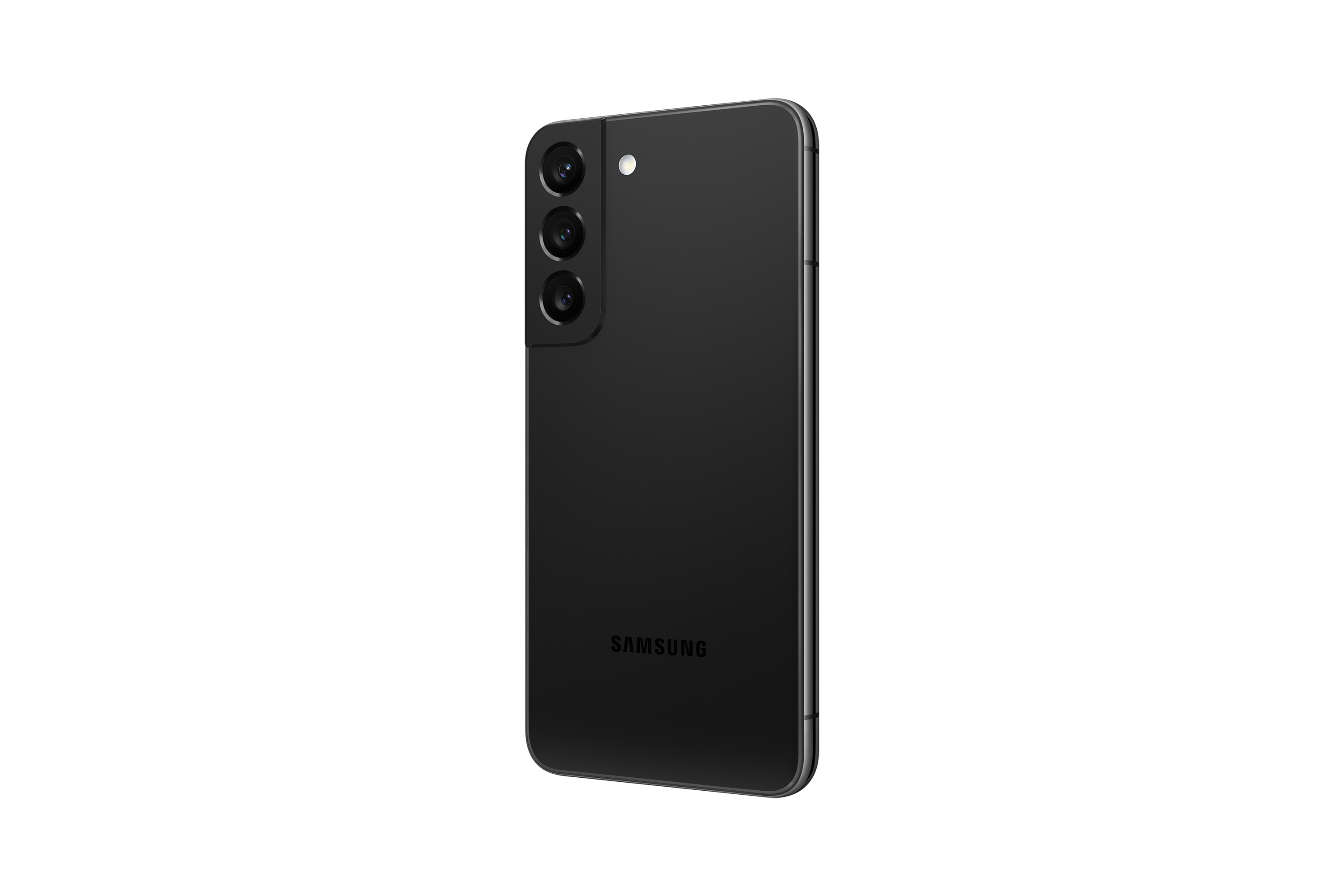 Schwarzes Samsung-Telefon, Rückansicht. Drei Kameras sichtbar.