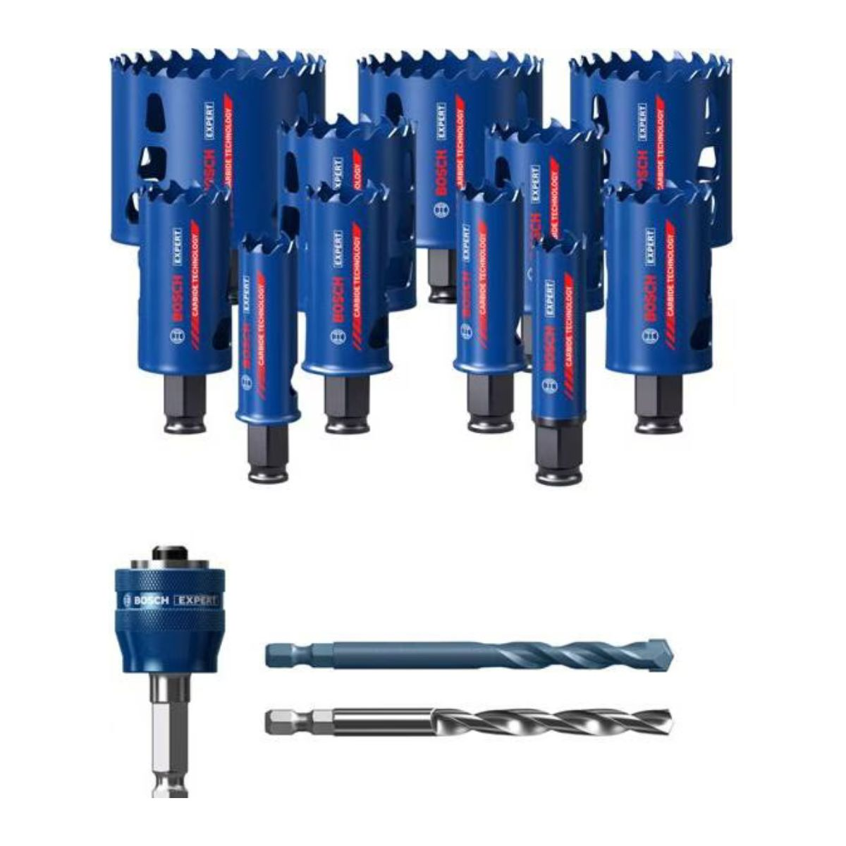 Zestaw niebieskich otwornic i wierteł na białym tle.