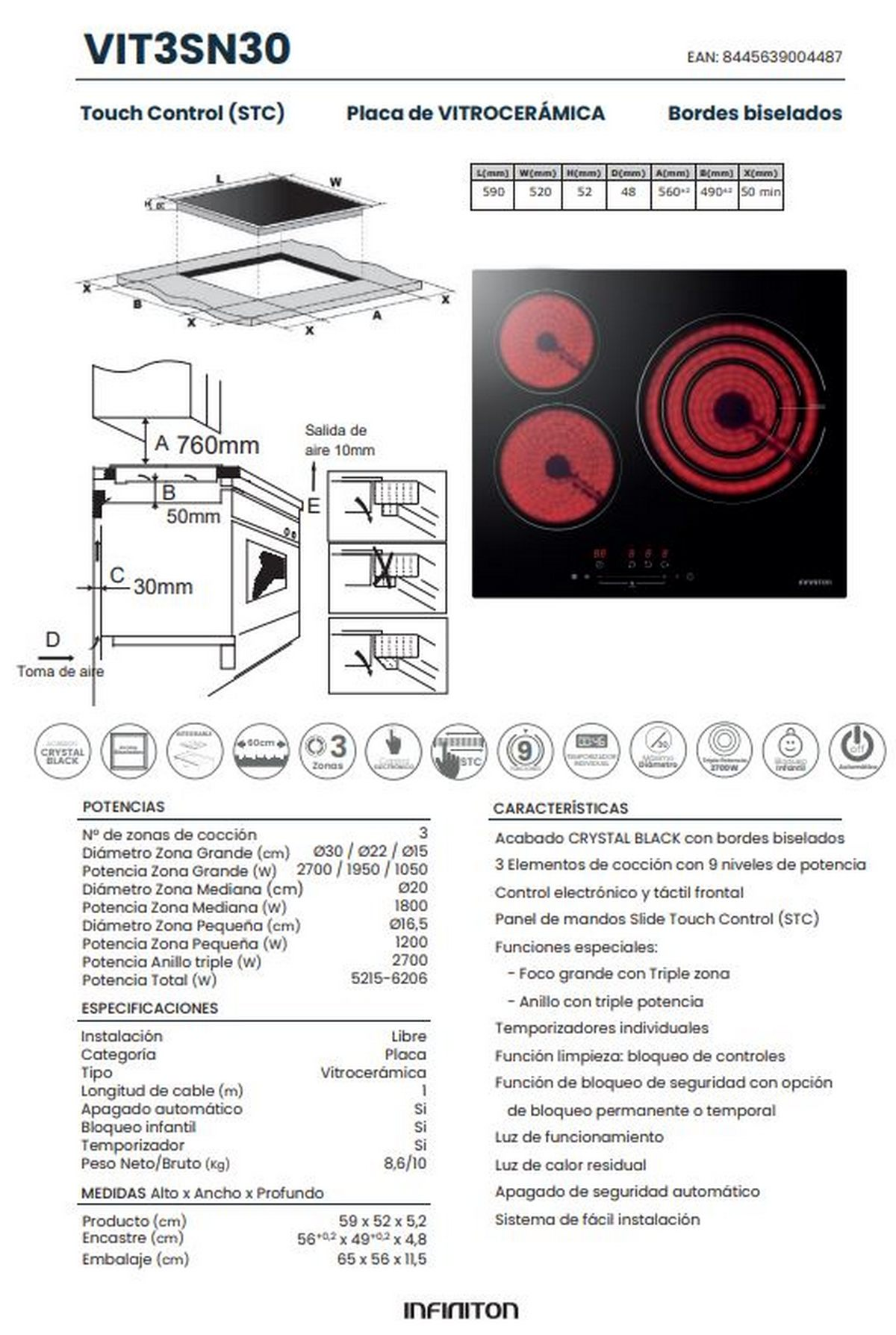 Diagrama de una placa vitrocerámica negra con dimensiones y especificaciones en español.
