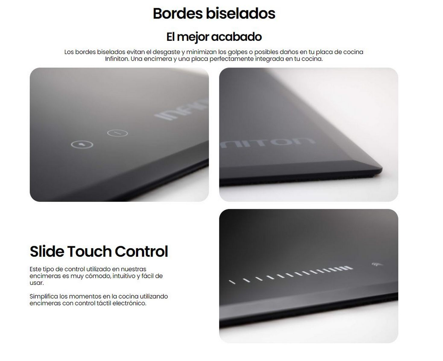 Imagen con texto sobre electrodomésticos de cocina: Slide Touch Control y detalles de bordes.