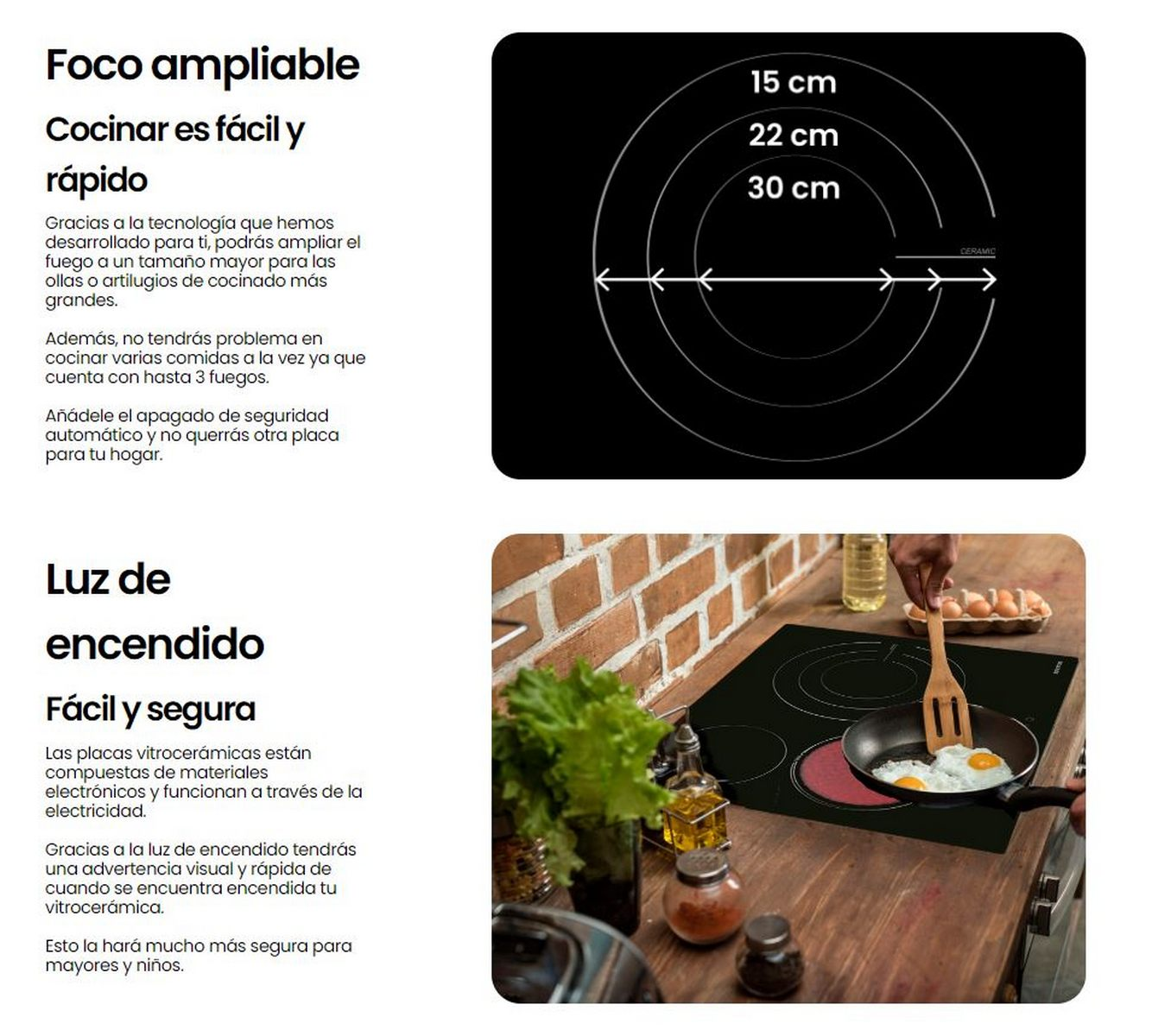 Imágenes y texto sobre una vitrocerámica, mostrando cocina y características.
