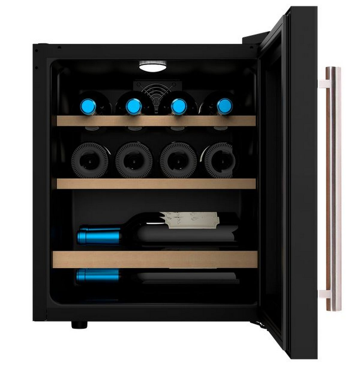 Enfriador de vino con la puerta abierta. Botellas de vino son visibles en el interior.