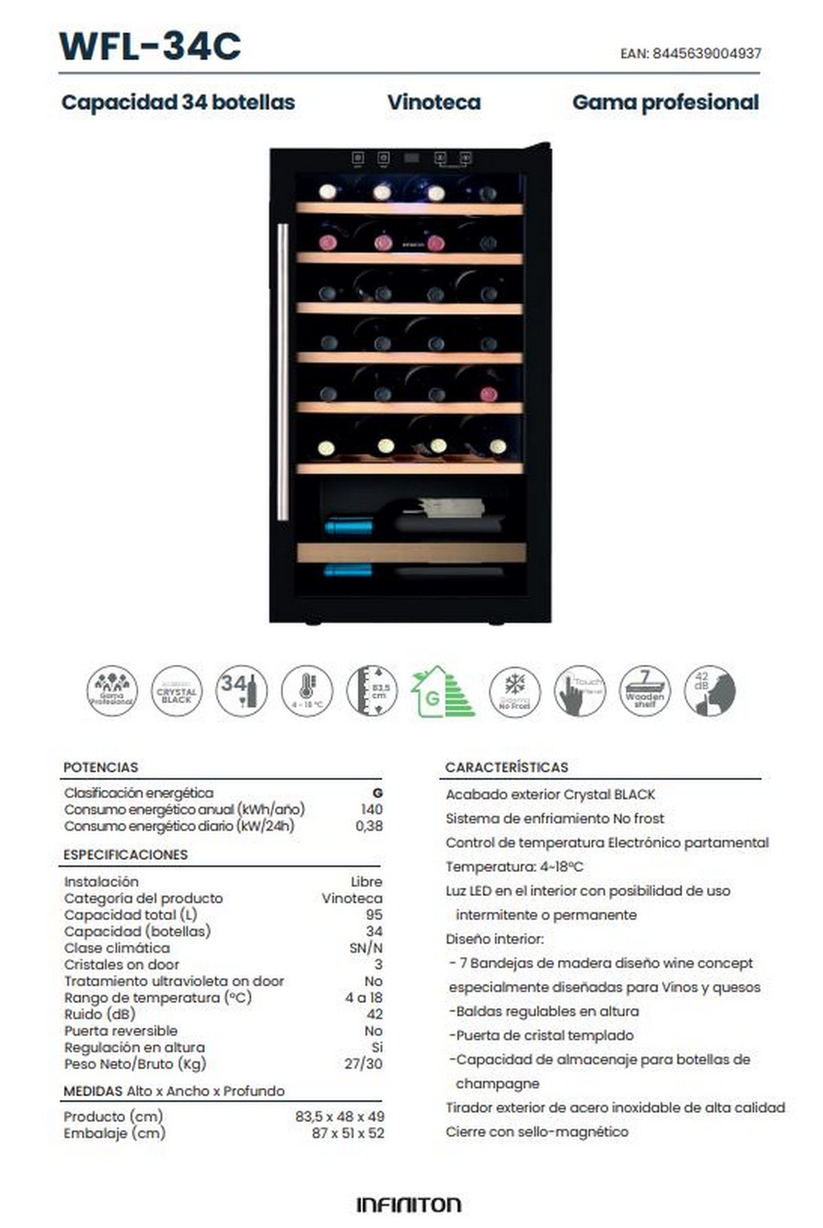 Una ficha técnica detallada de un enfriador de vino, con texto y especificaciones.