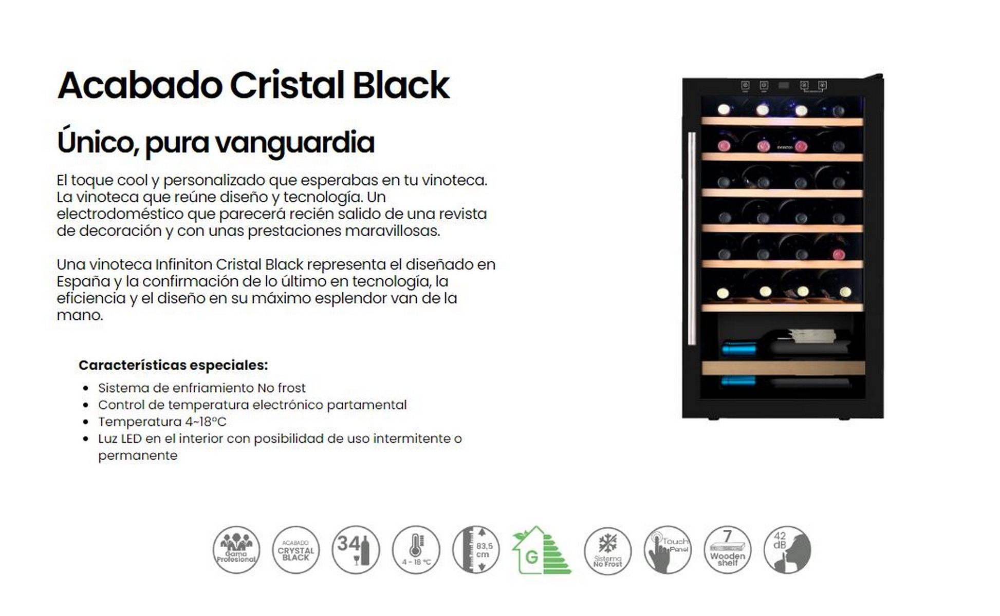 Una página blanca con texto e imagen de una vinoteca negra con botellas. El texto incluye características.