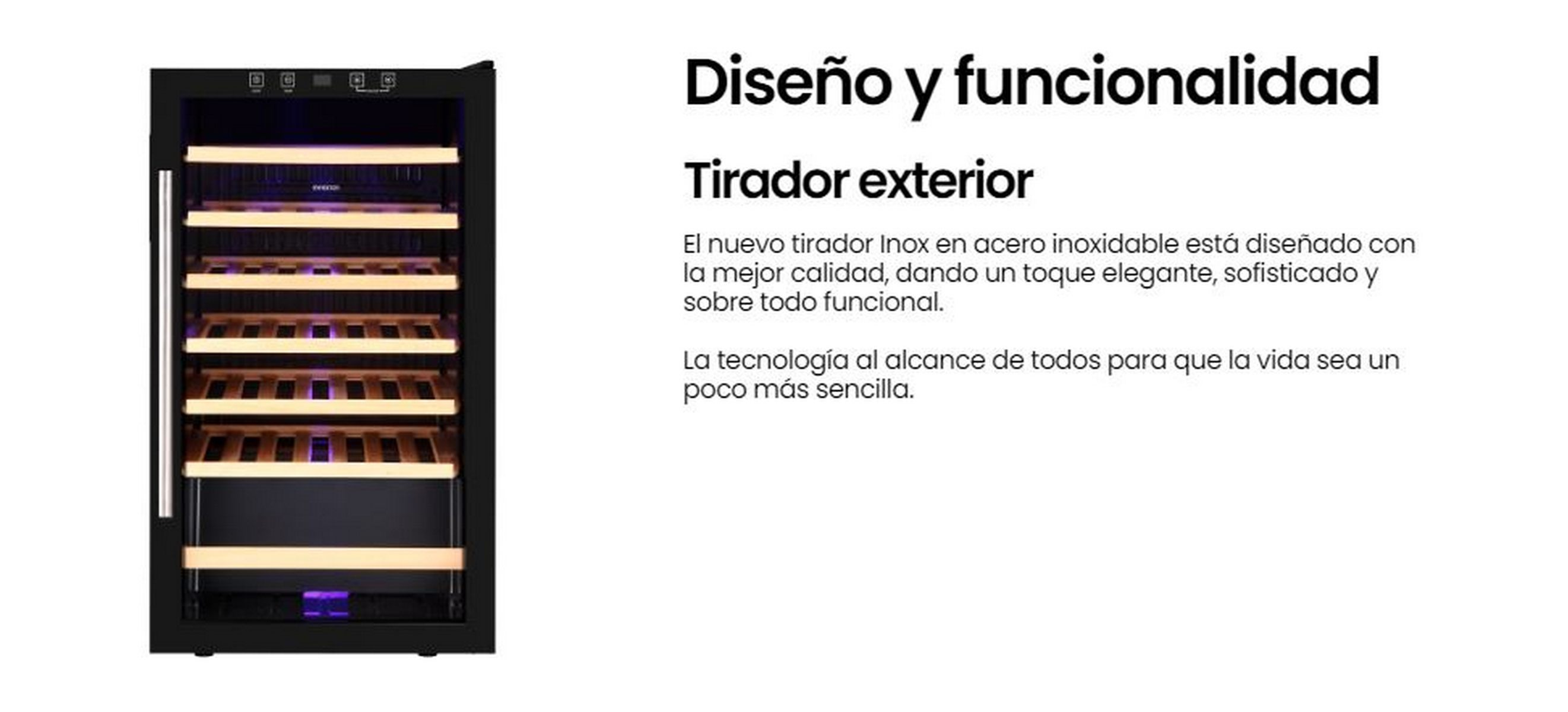 Frigorífico para vinos con estantes de madera. Superposición de texto: 'Diseño y funcionalidad'. Se muestra el tirador exterior.