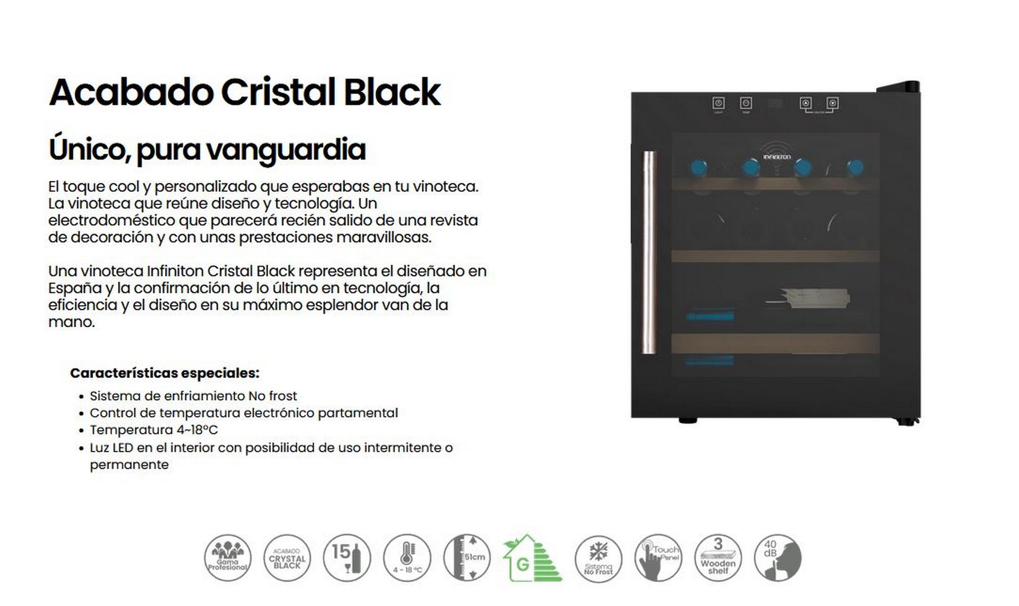 Vinoteca negra con puerta de cristal y algunas botellas dentro, texto en español.