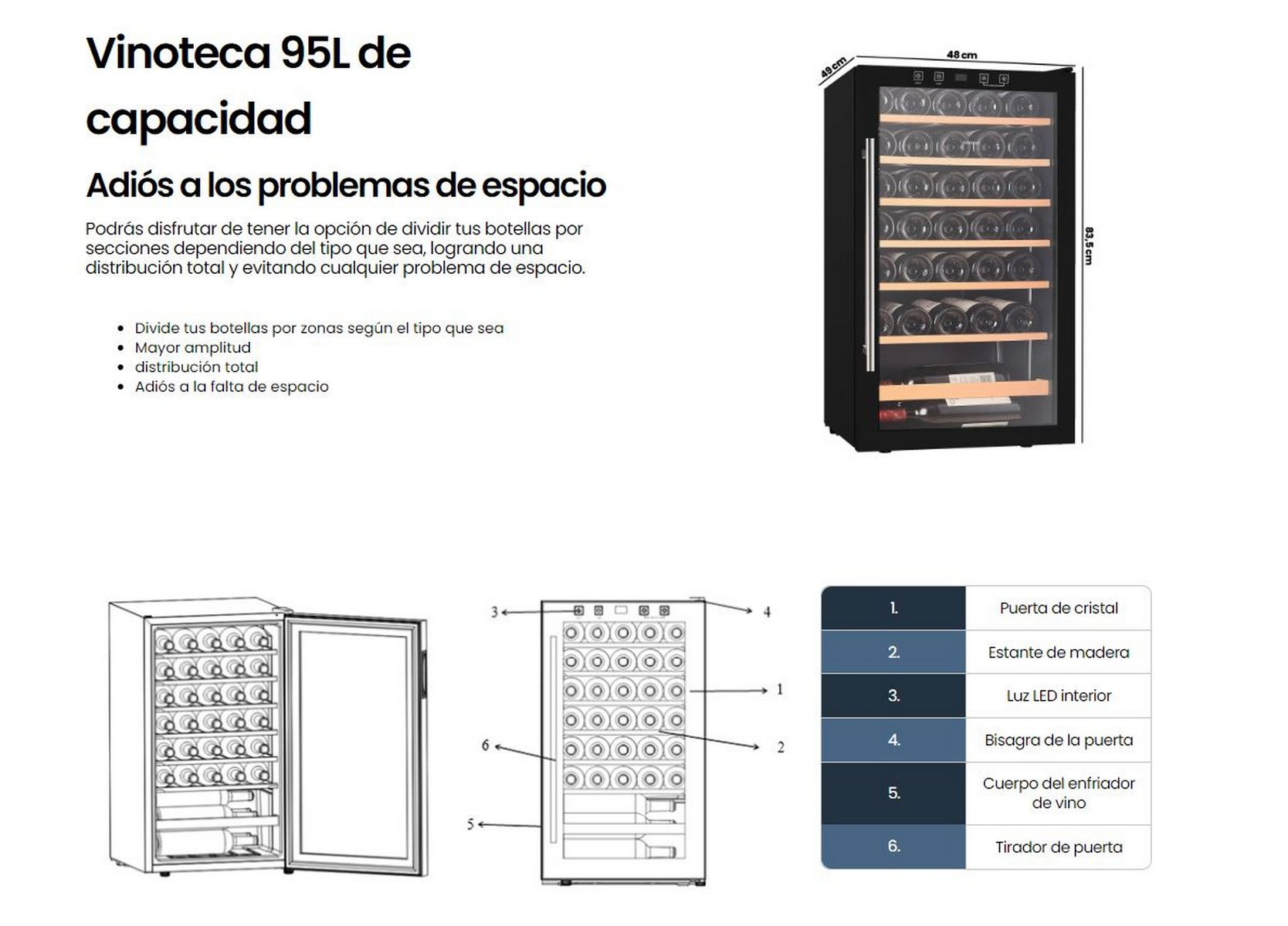 Vinoteca con puerta de vidrio, estantes y botellas. Diseño muestra detalles exteriores e interiores con dimensiones.