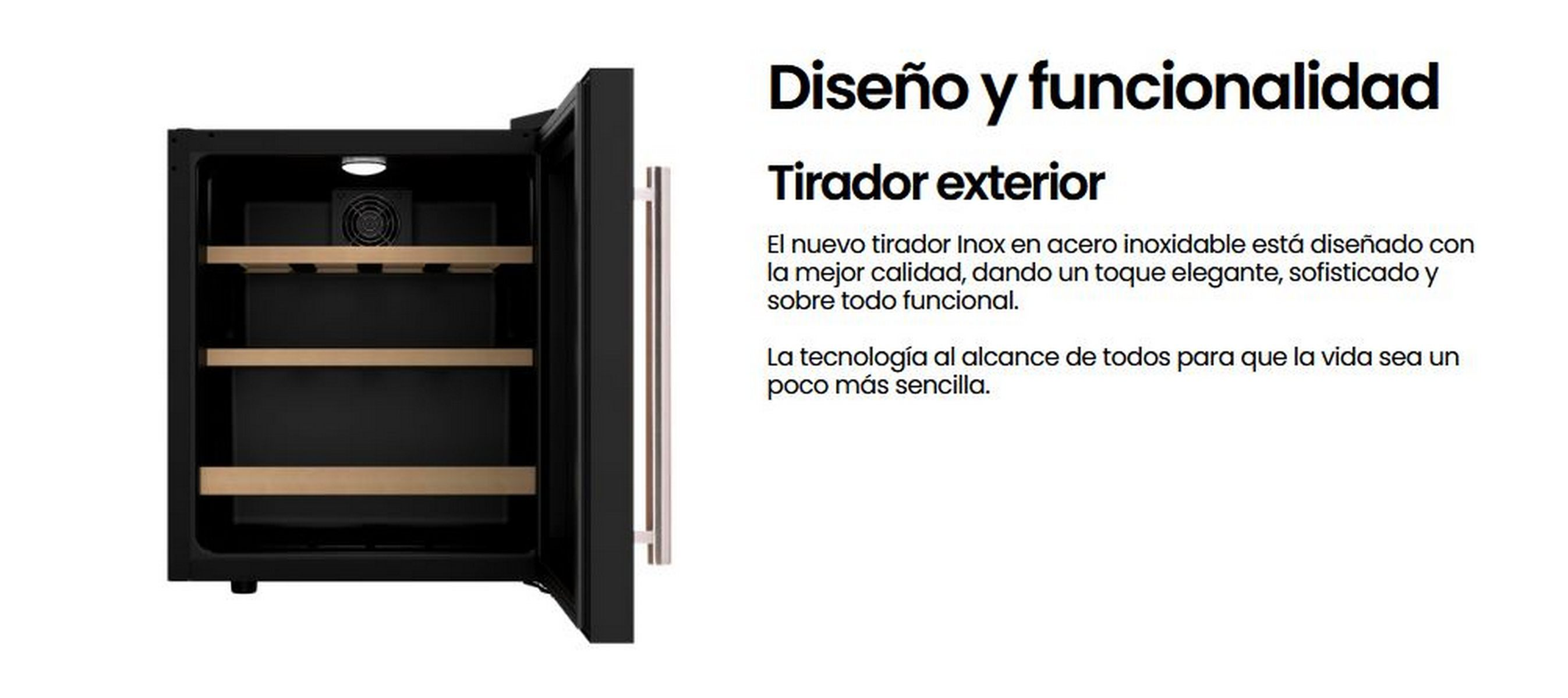 Refrigerador negro con puerta abierta que revela estantes. Fondo blanco, superposición de texto.