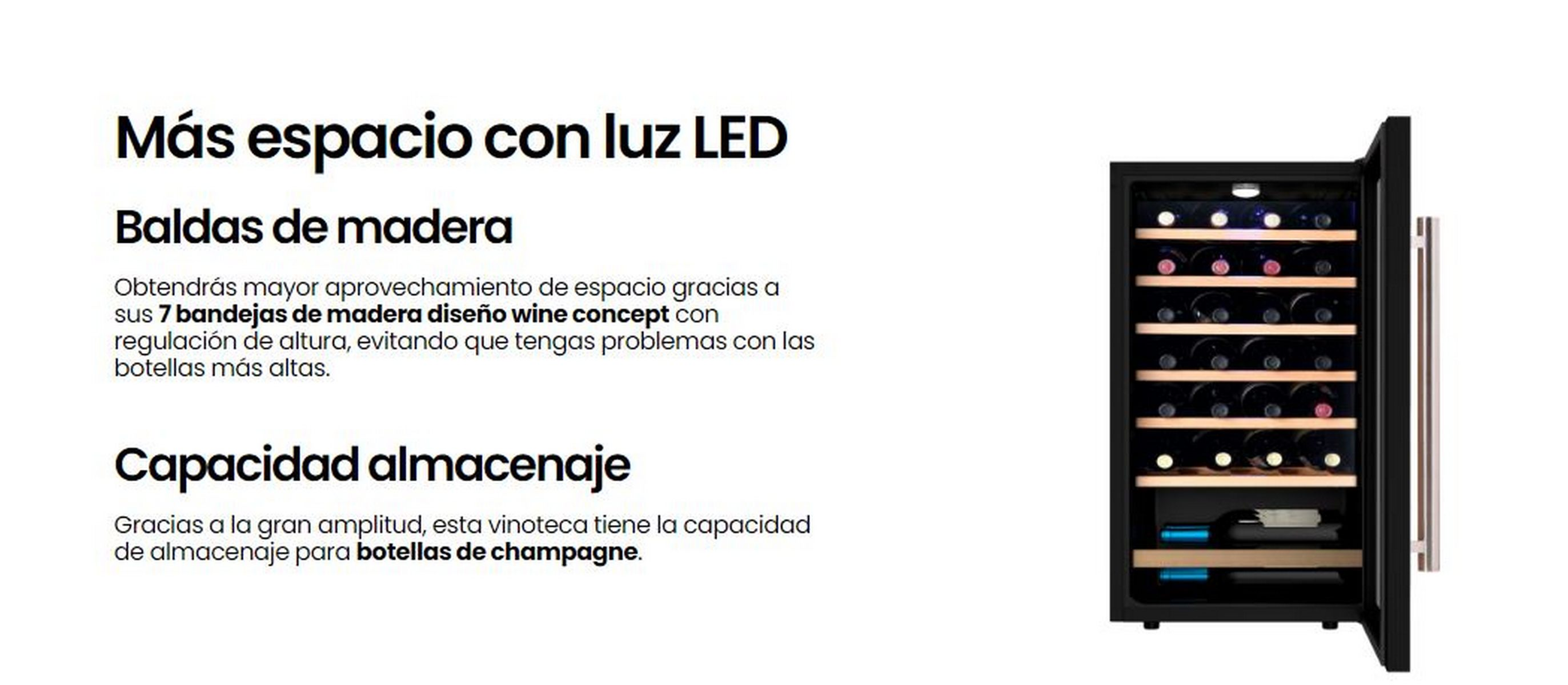 Vinoteca con estantes de madera, llena de botellas de vino. Texto en español describe características.