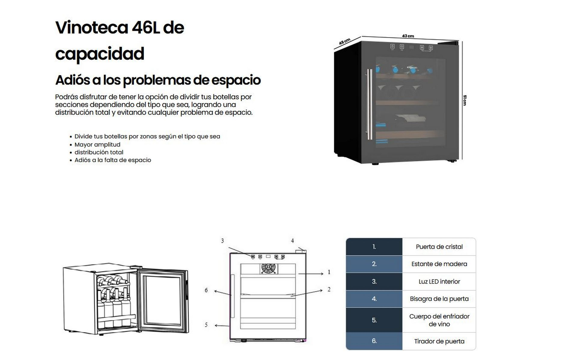 Un enfriador de vino con texto y diagramas. Muestra las características y dimensiones del enfriador. El texto está en español.
