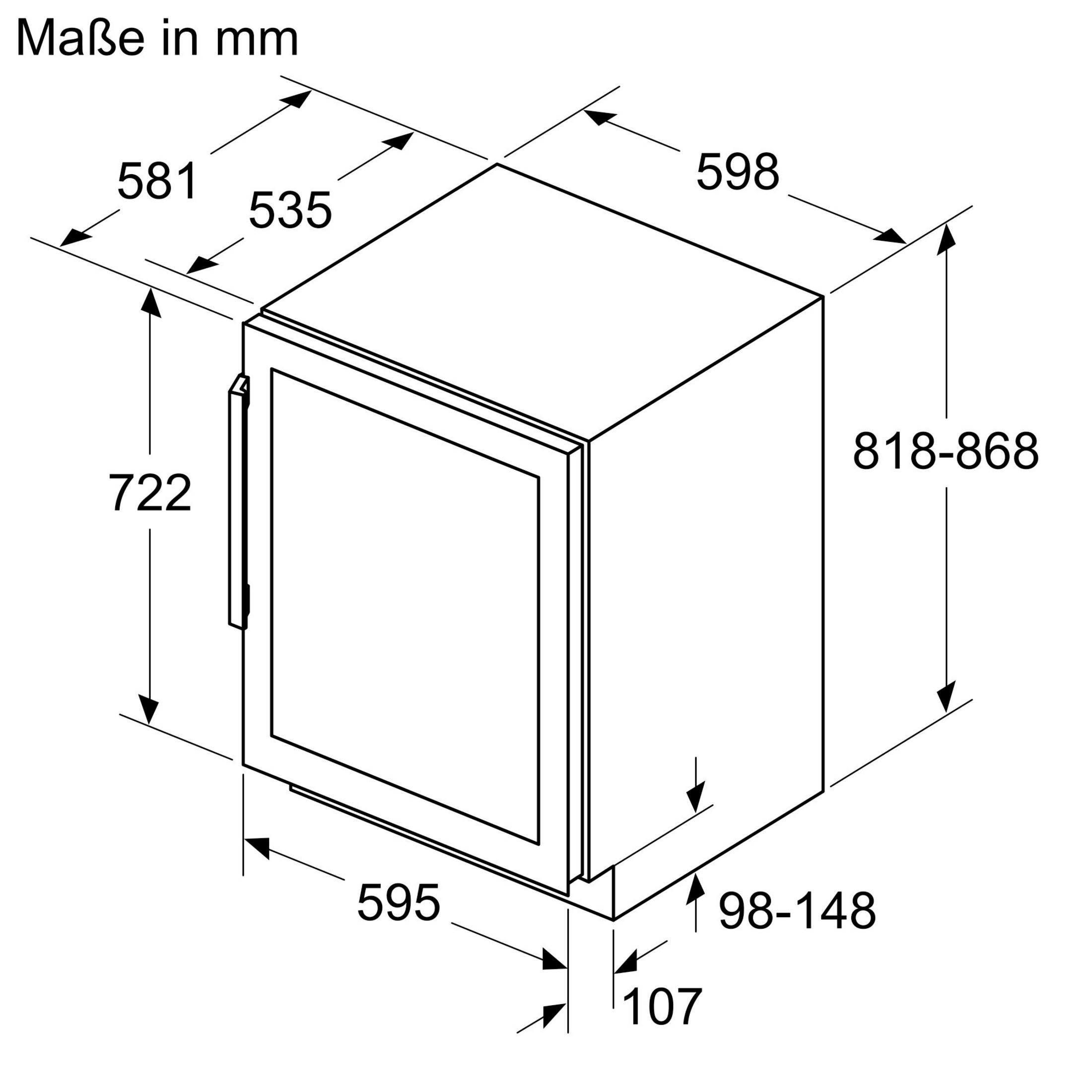 Ein 3D-Diagramm eines Kühlschranks mit Abmessungen.