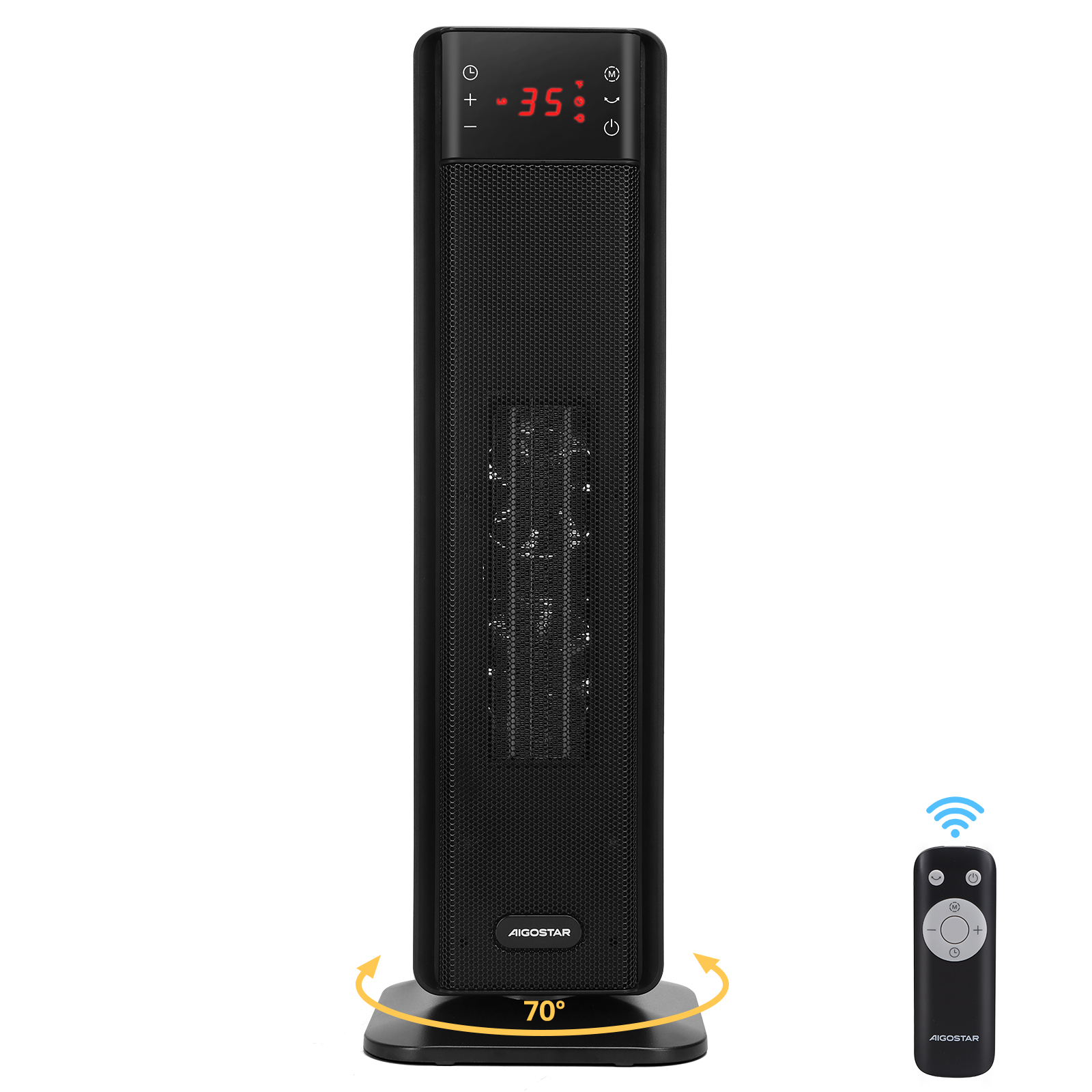 Schwarzer Turmheizlüfter mit digitaler Anzeige und Fernbedienung. Weißer Hintergrund.