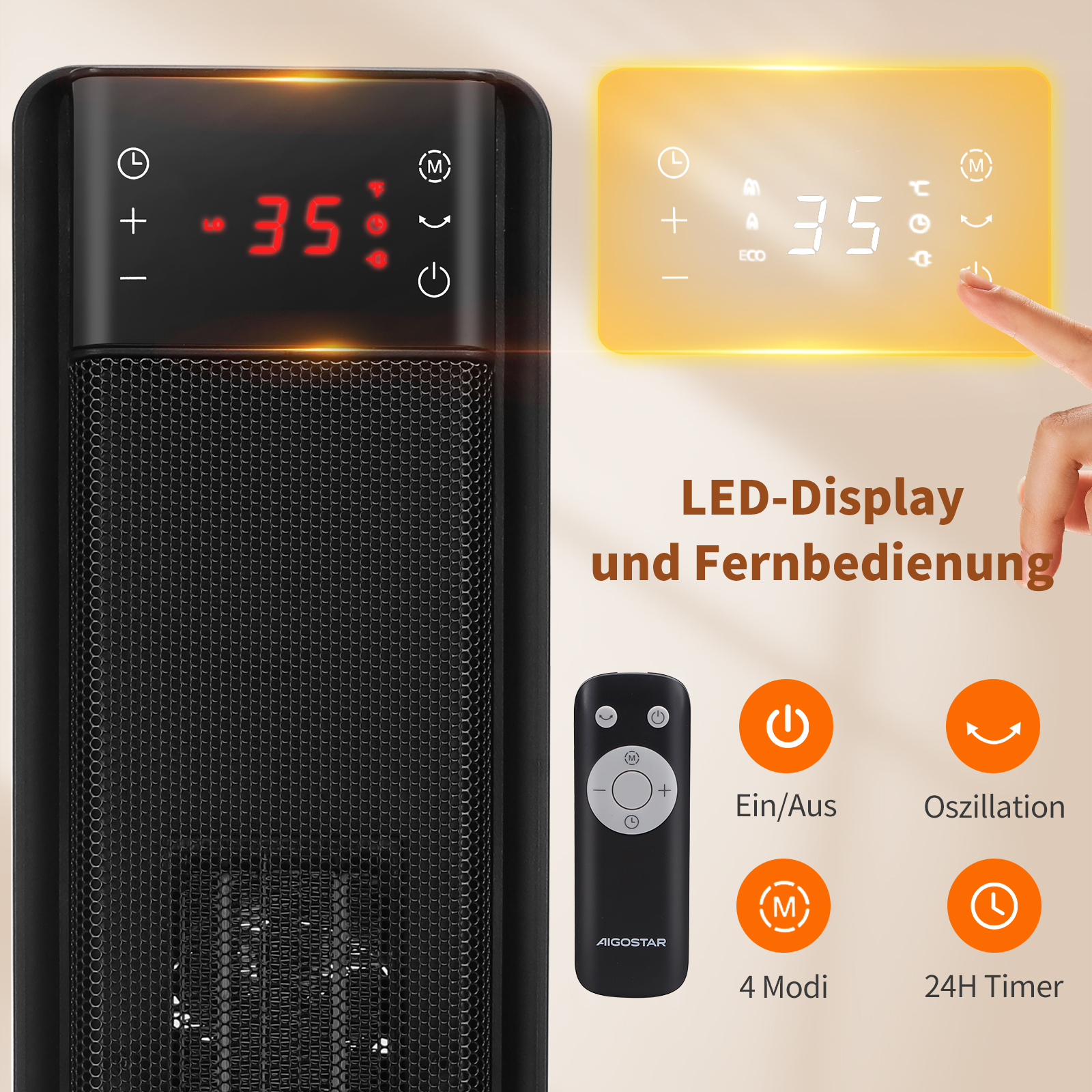 Ein schwarzer Elektroheizer mit LED-Anzeige mit '35', Fernbedienung und Bediensymbolen. Der Hintergrund ist gelb.