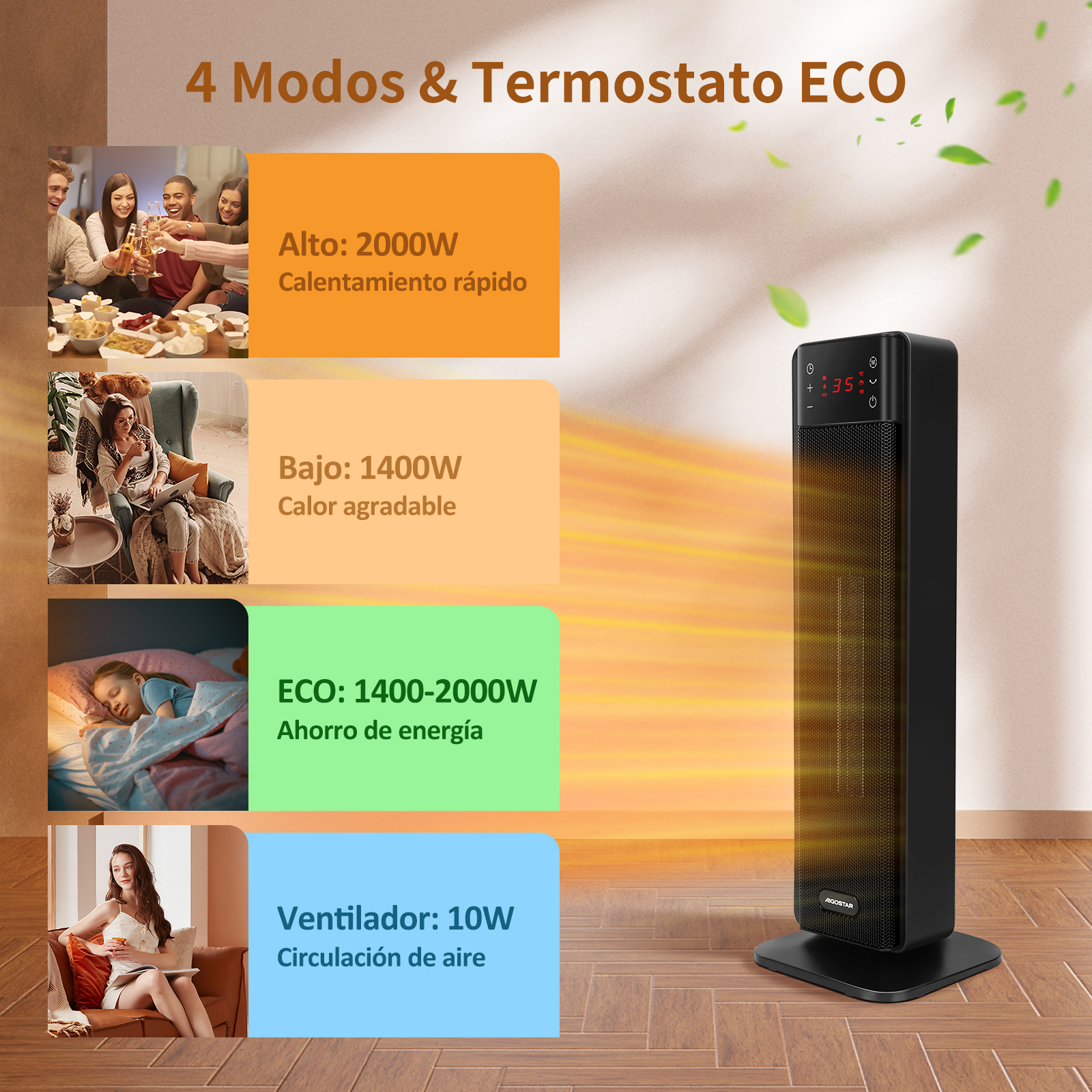 Ein schwarzer, vertikaler Heizlüfter mit Display. Grafiken zeigen 4 Modi: hoch, niedrig, Eco und Ventilator. Personen gezeigt.