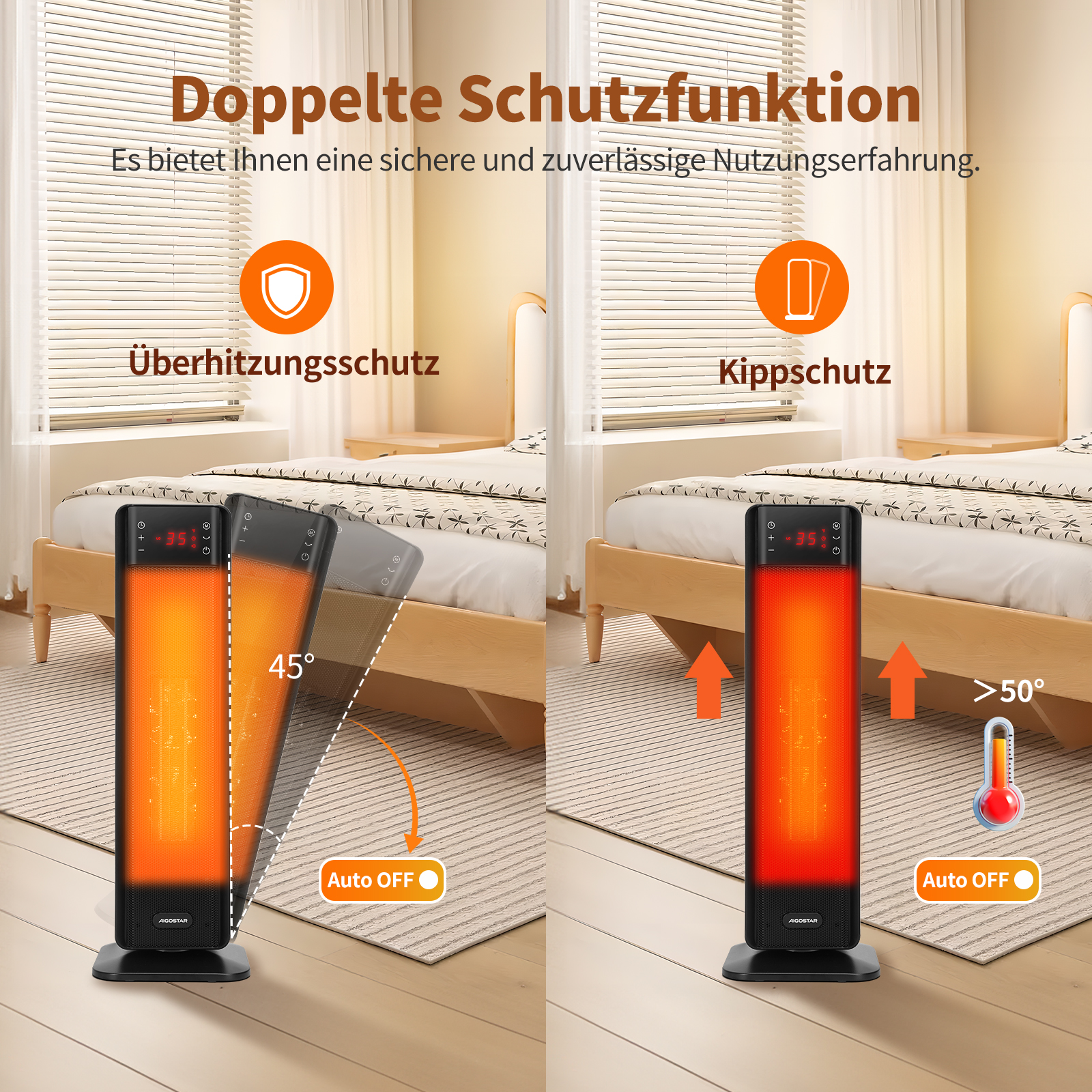 Zwei Bilder eines schwarzen Heizlüfters mit Sicherheitsmerkmalen. Textbeschreibungen sind enthalten.