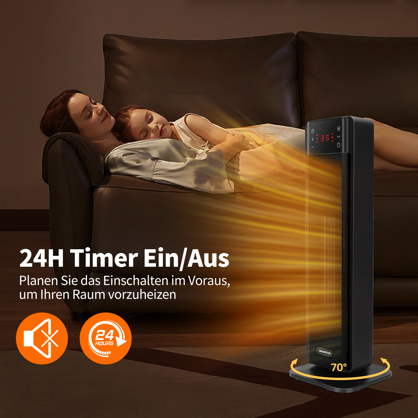 Eine Frau und ein Mädchen sind in einem Raum mit einer Heizung. Text auf dem Bild sagt Timer und 24 Stunden.