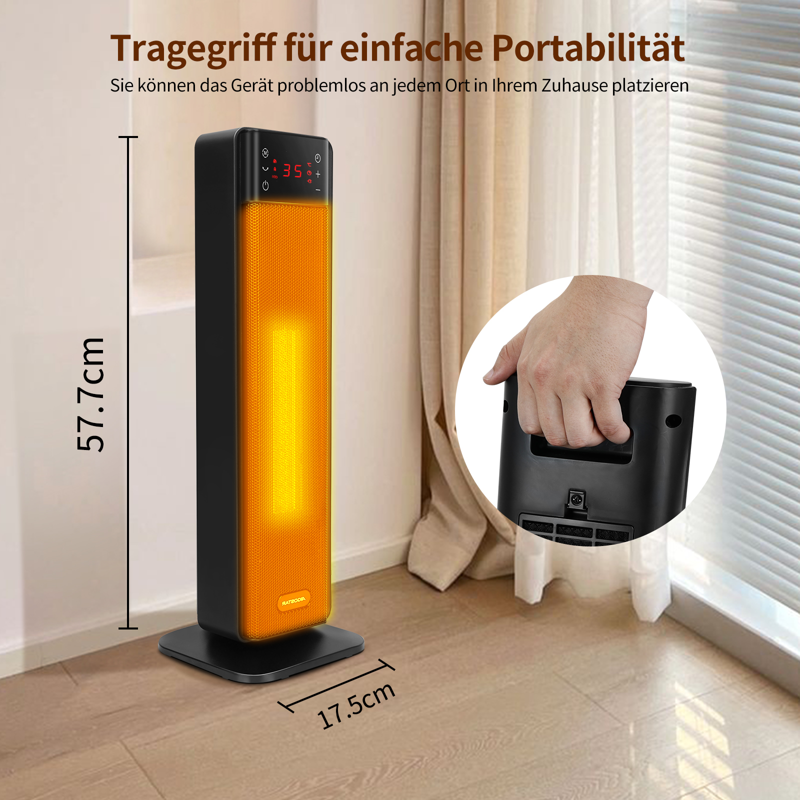 Ein schwarzer und orangefarbener Heizlüfter mit Bedienfeld und Maßen.