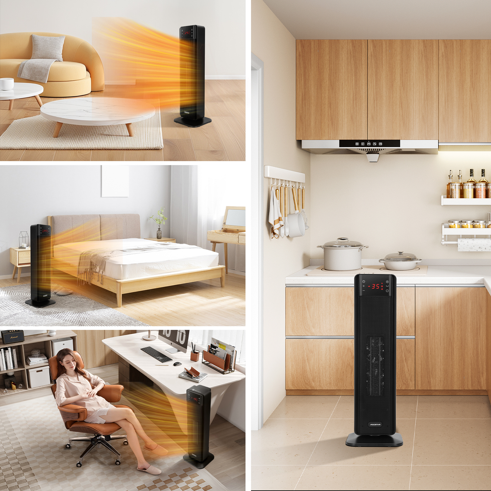 Bilder zeigen einen schwarzen Heizlüfter in verschiedenen Umgebungen: Wohnzimmer, Schlafzimmer und Küche, die den Raum heizen.