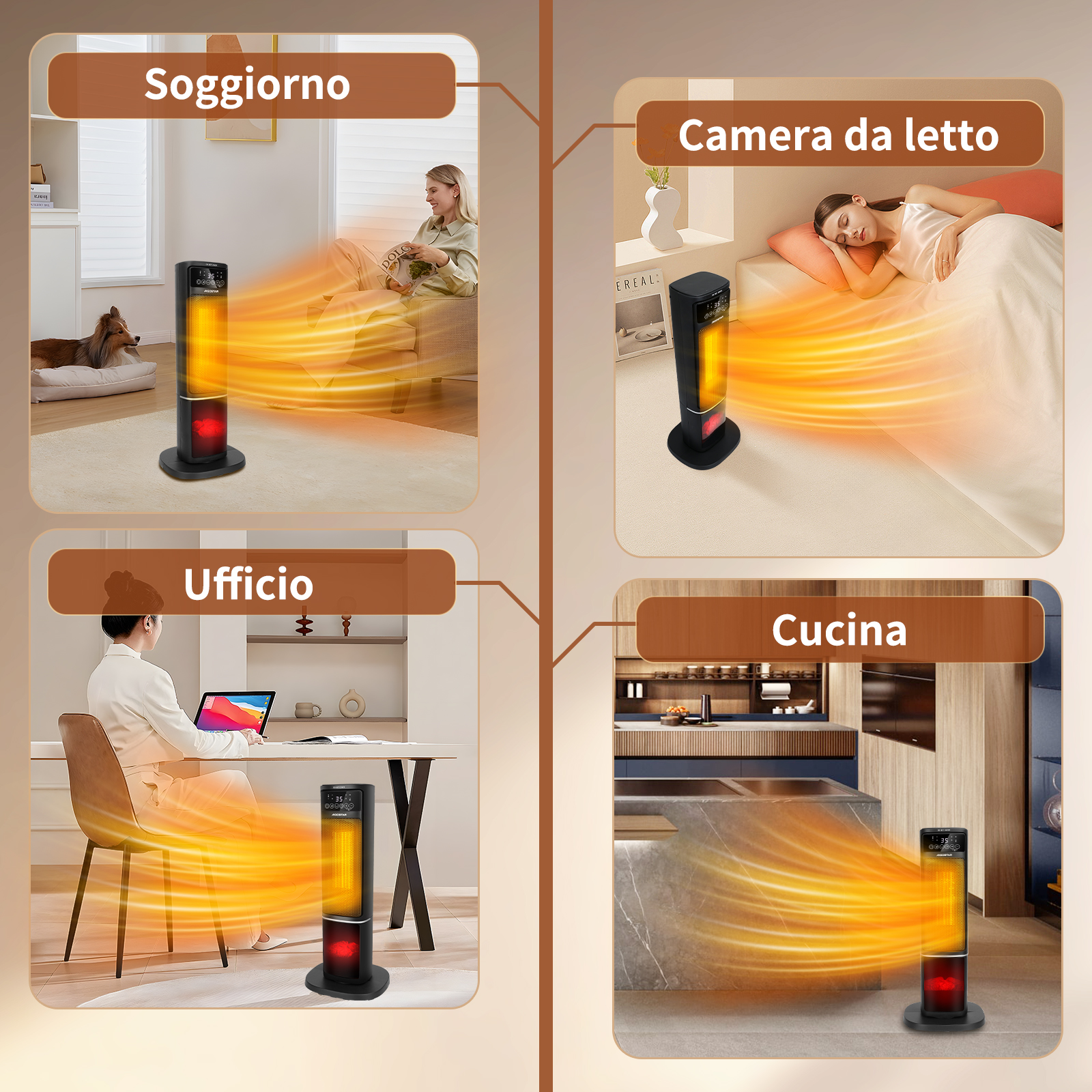 Vier Bilder mit elektrischen Heizungen in verschiedenen Räumen: Wohnzimmer, Schlafzimmer, Büro und Küche.