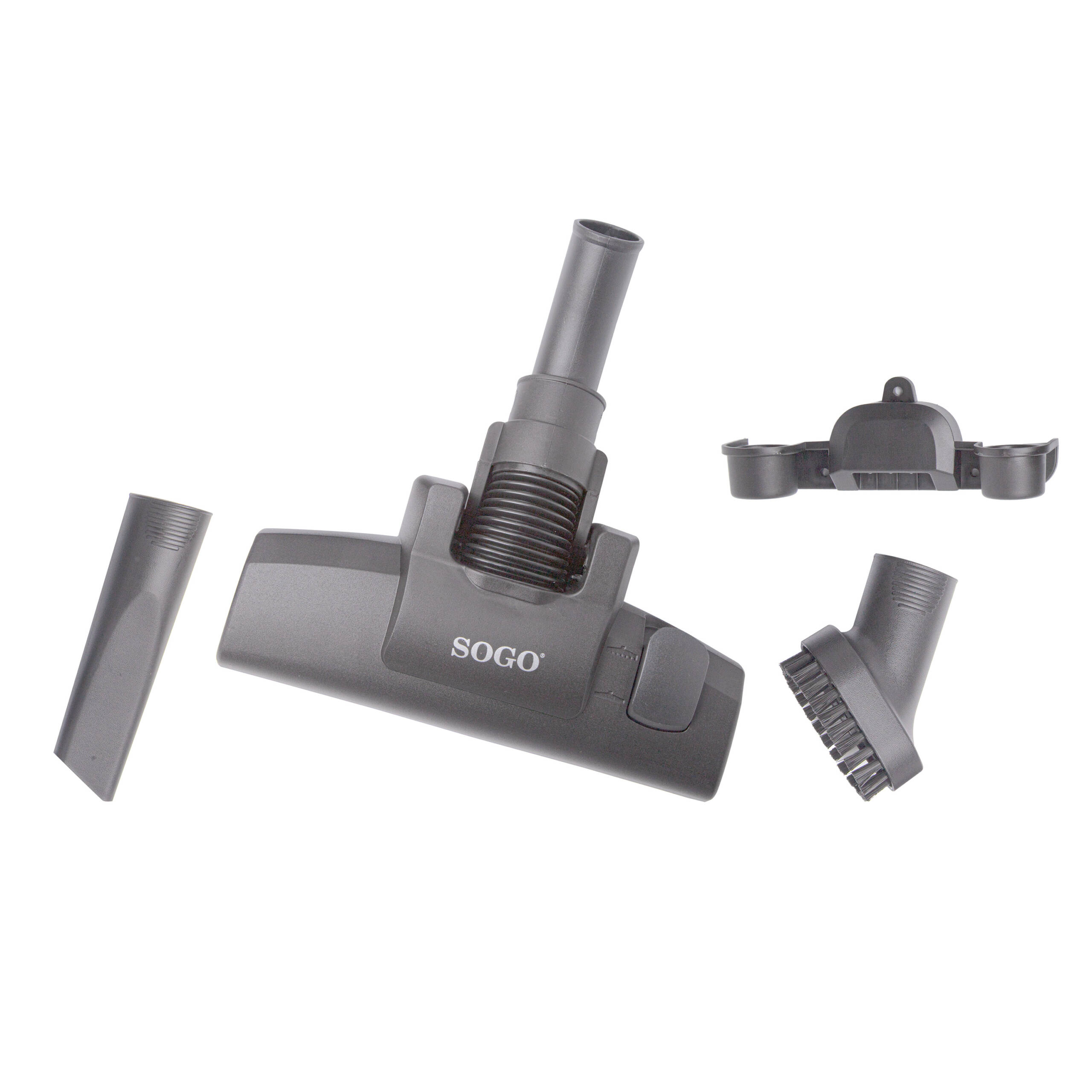 Accesorios de aspiradora, incluyendo cepillo, boquilla y herramientas pequeñas, aislados.