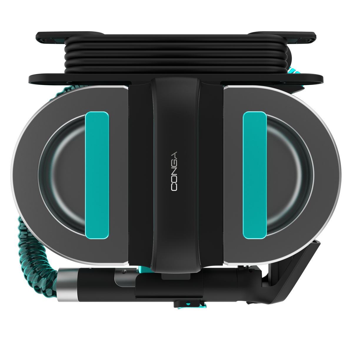 Aspirapolvere robot CONGA nero e verde acqua. Vista dall'alto. Forma rotonda con tubo flessibile collegato.