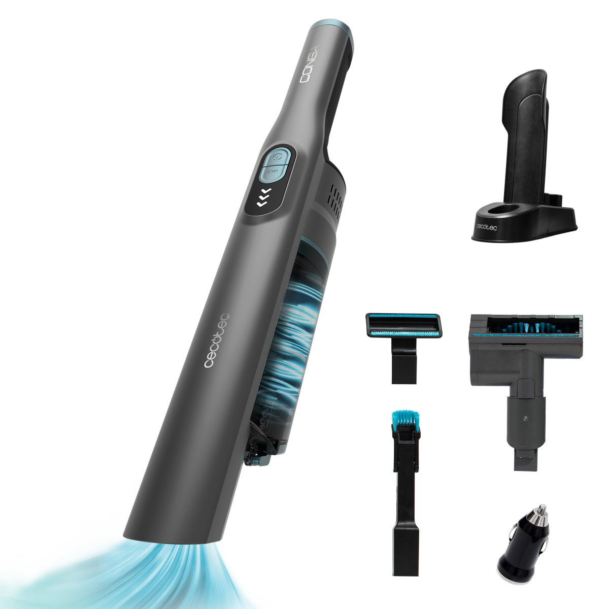 Aspirapolvere portatile Cecotec grigio con accessori, che mostra il flusso d'aria blu.