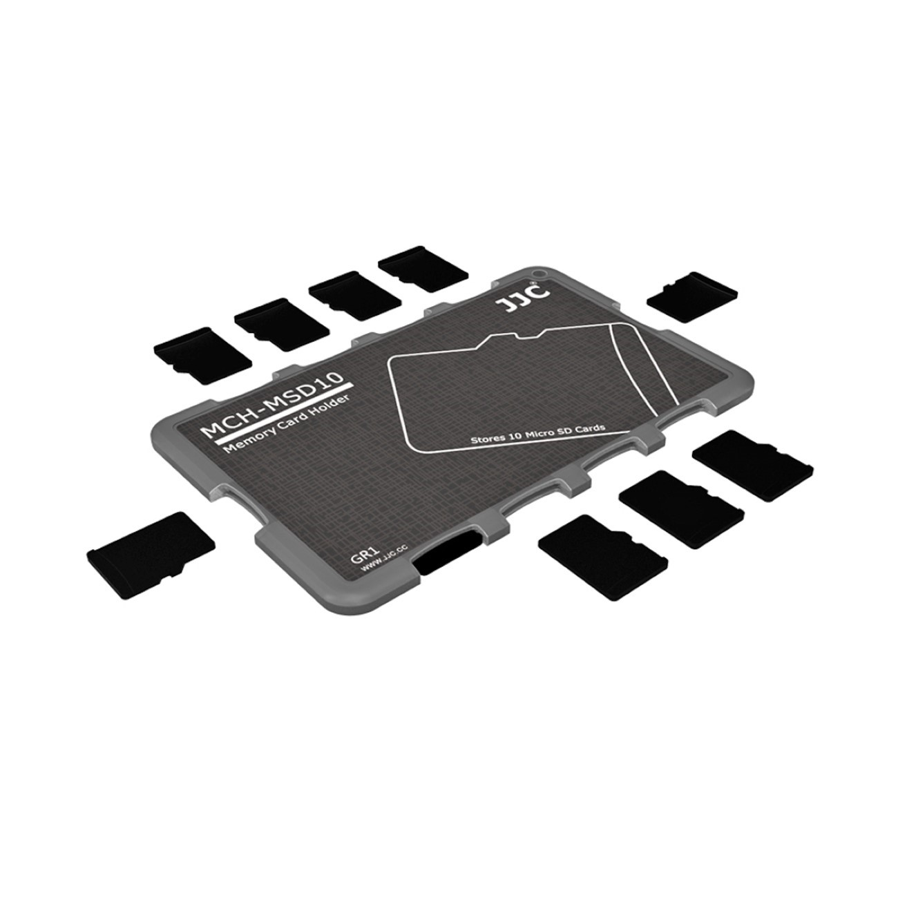 Grauer und schwarzer Speicherkartenhalter mit 10 Micro-SD-Karten und Text: MCH-MSD10.