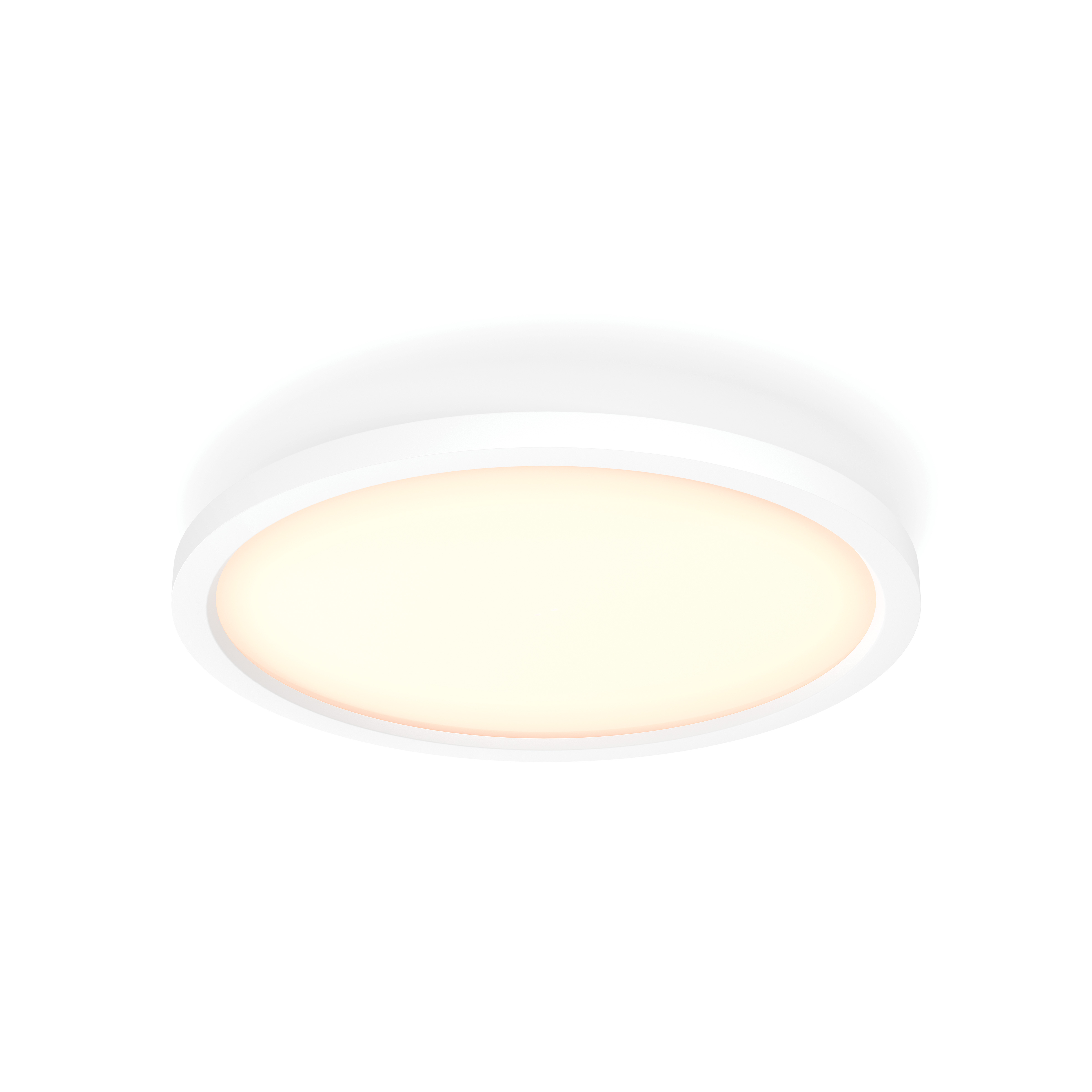Luce da soffitto bianca, circolare. Ha un bagliore giallo caldo che emana dal centro.