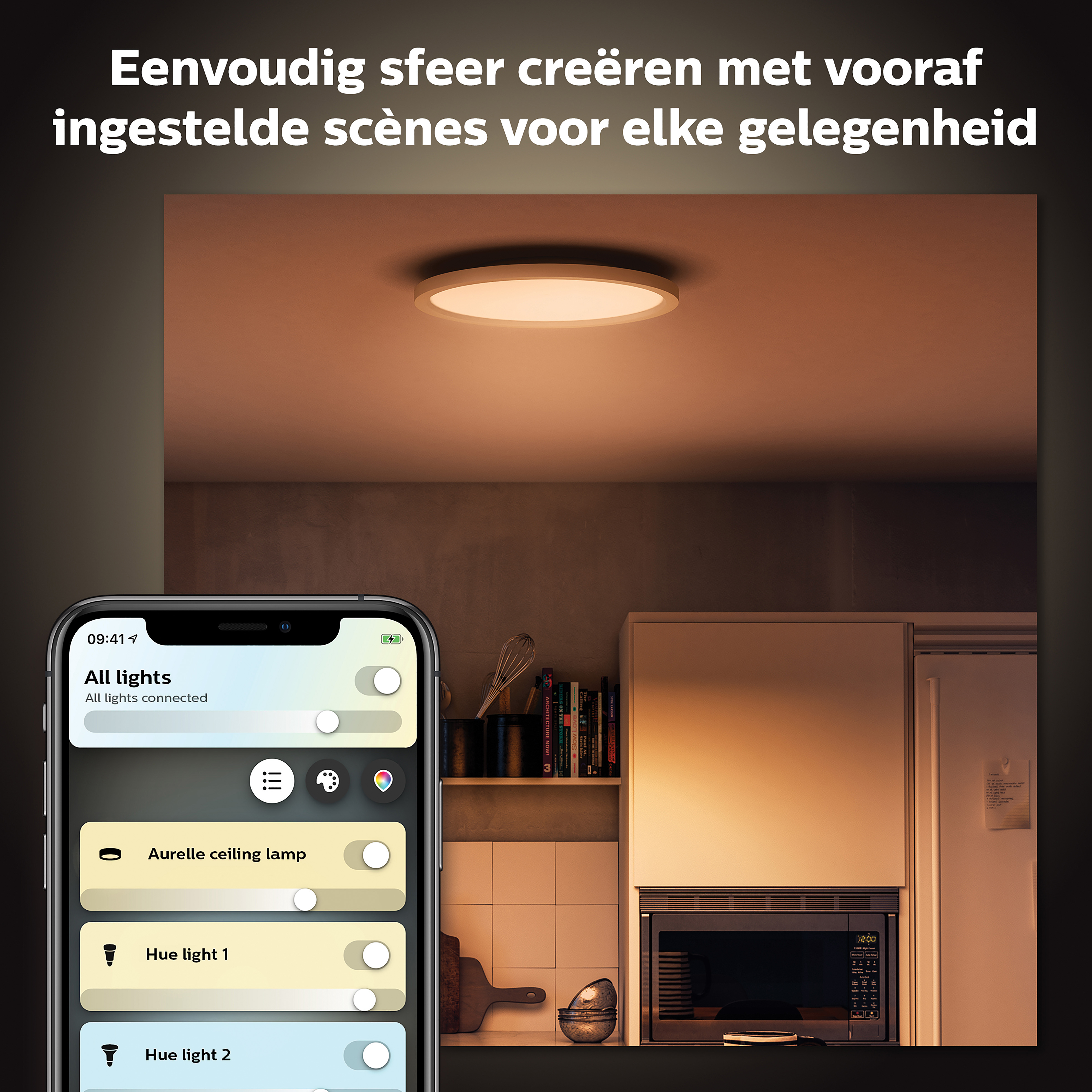 Uno smartphone mostra un'app per la casa intelligente. Una plafoniera rotonda è accesa. La scena è una cucina.