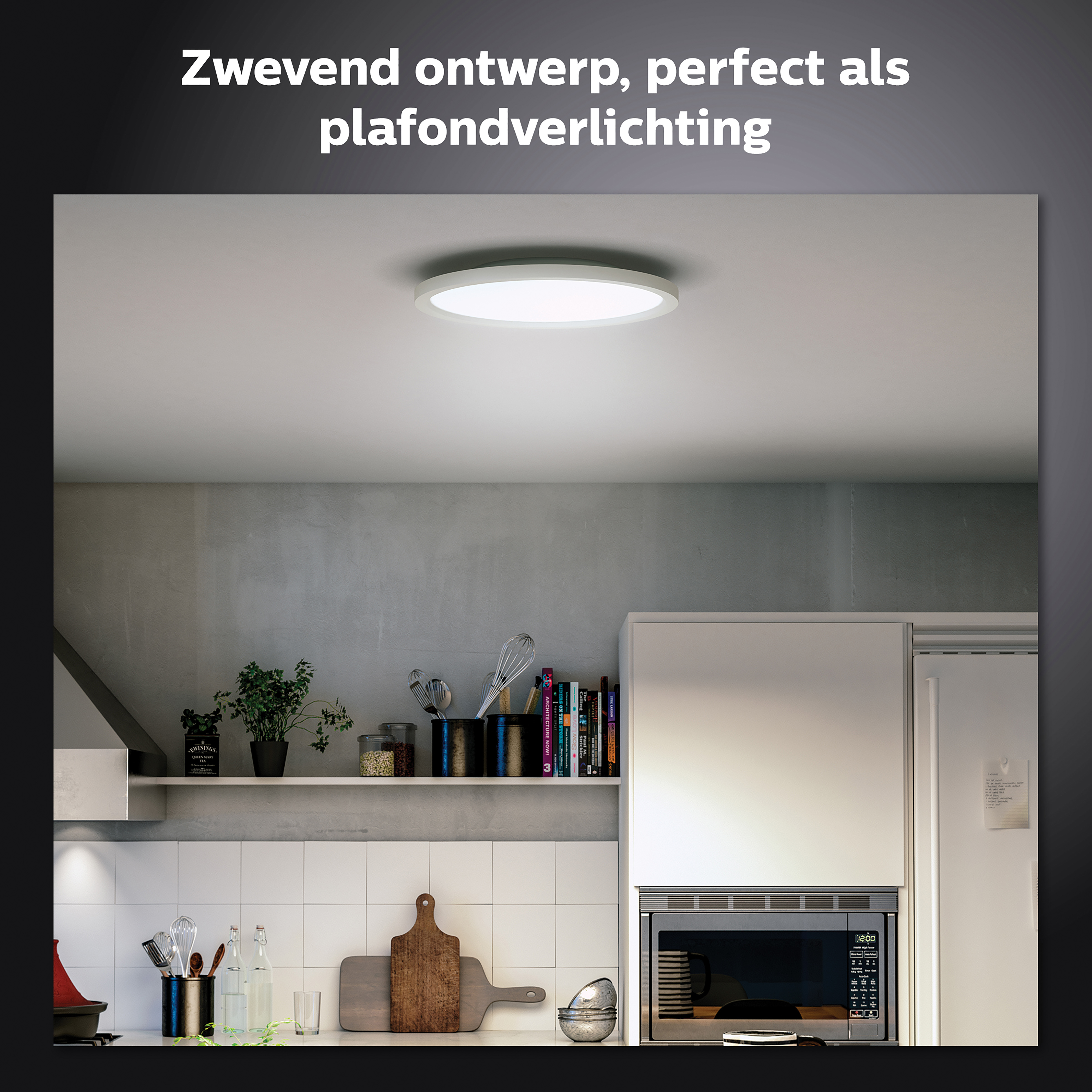 Lampada da soffitto rotonda che illumina una scena della cucina, luce bianca, bancone e armadi.