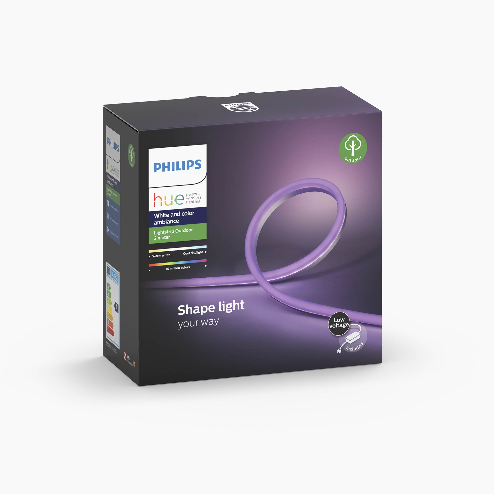 Pudełko paska świetlnego Philips Hue, fioletowy pasek świetlny na przodzie.
