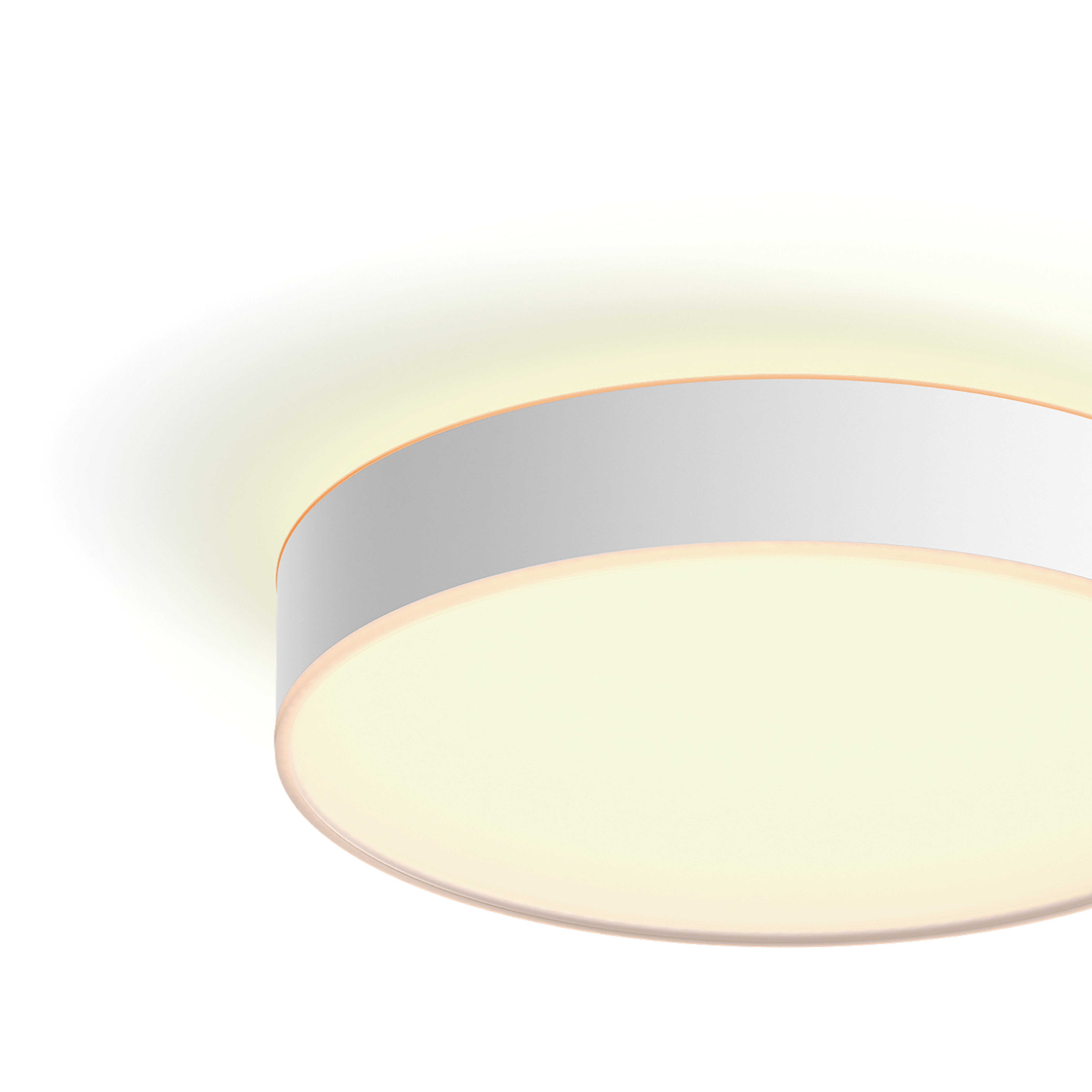 Biała okrągła lampa sufitowa z ciepłym blaskiem, rzucająca cień na sufit.